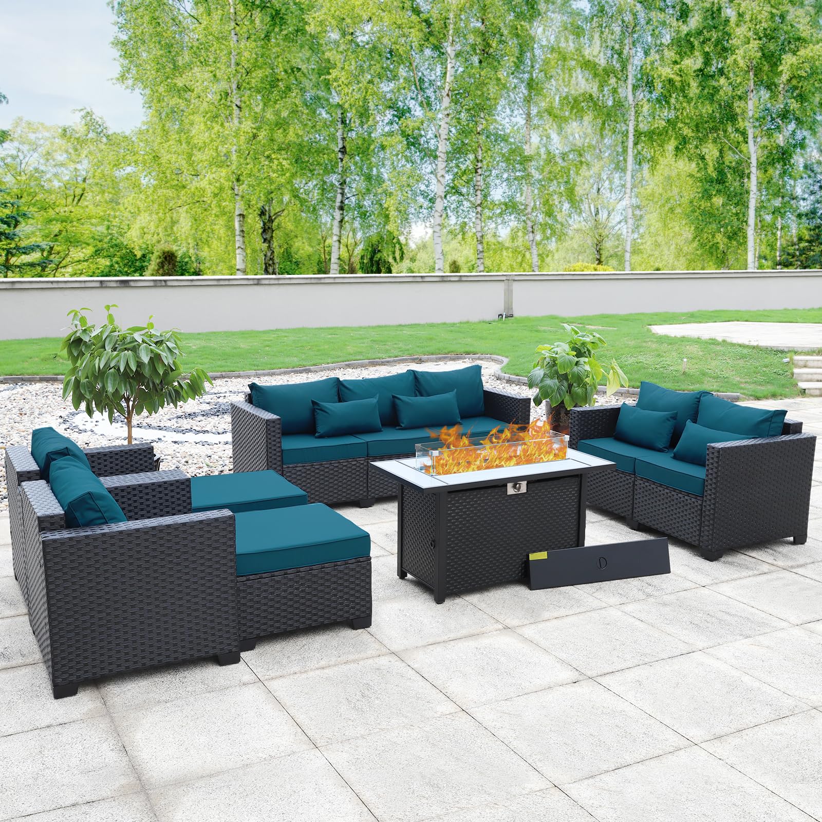 **45-Inch Outdoor Fire Pit Table with 7-Piece Patio Furniture Set - 60,000 BTU Propane Fire Pit, Peacock Blue - Includes No-Slip Cushions & Waterproof Covers - Perfect for Backyard, Garden, and Poolside Gatherings**