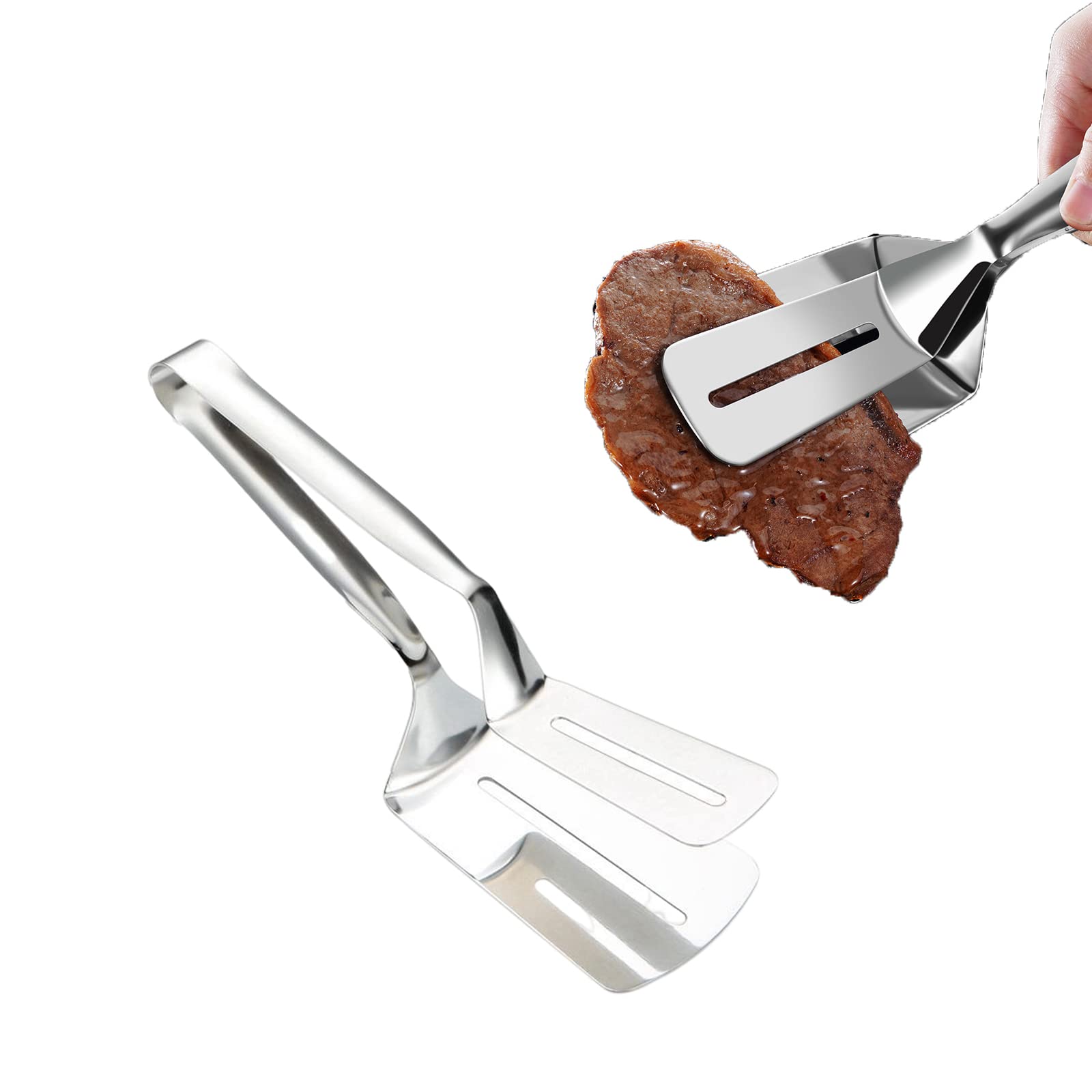 Stainless Steel Steak Tongs - Double Sided Spatula for BBQ, Pancakes & Burgers