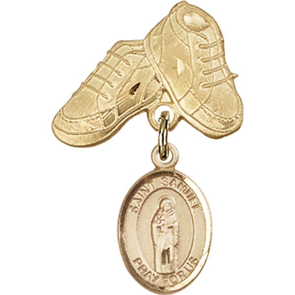 St. Samuel Gold Filled Baby Badge Charm with Baby Boots Pin - 1 X 5/8 Inch - Perfect for Christening Gifts, Baby Showers & Keepsake Jewelry