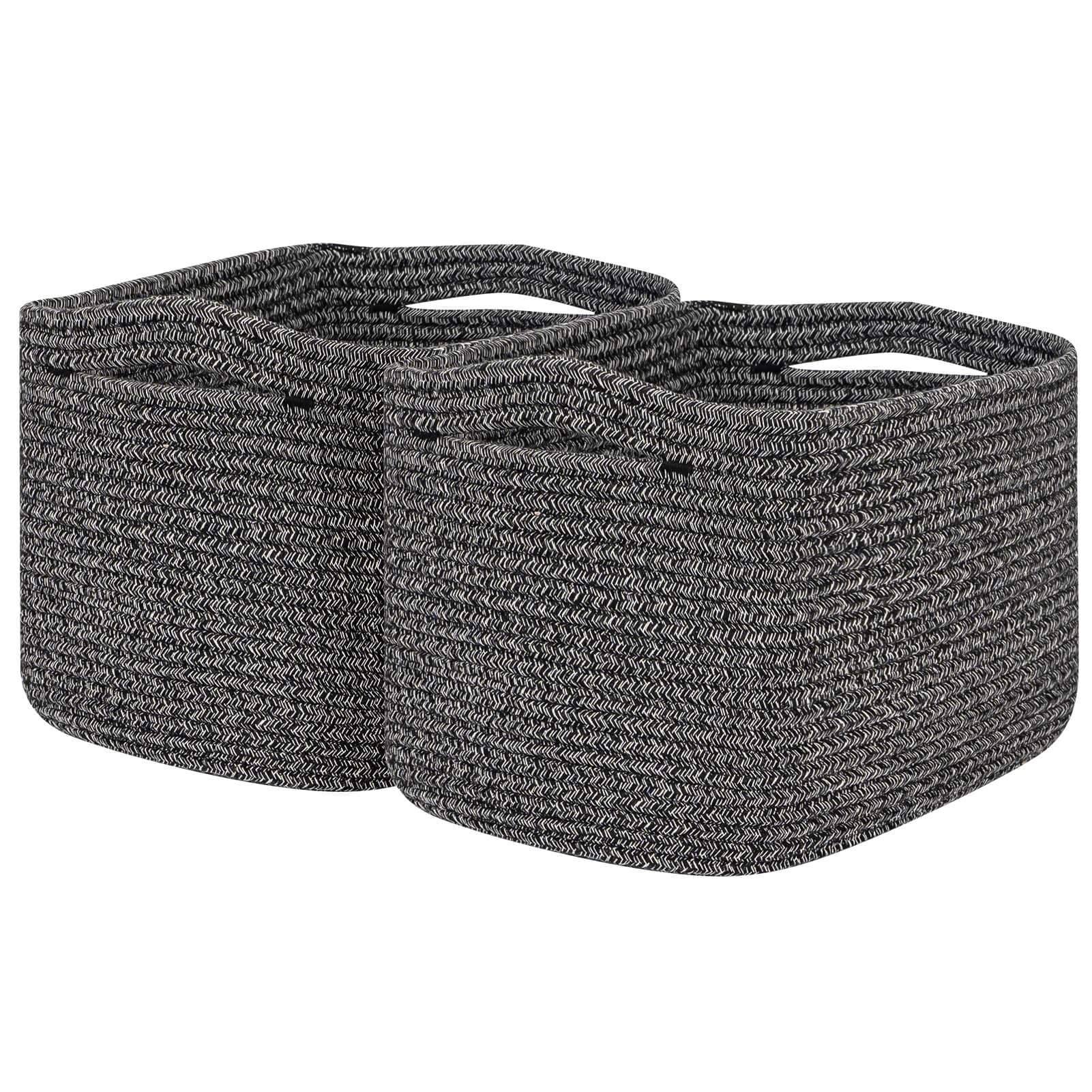Square Woven Cotton Rope Storage Baskets - 2 Pack Black Cubes Shelf Organizer Bins for Closet, Living Room & Bathroom | Stylish Home Decor for Towels, Toys & Bedroom Essentials