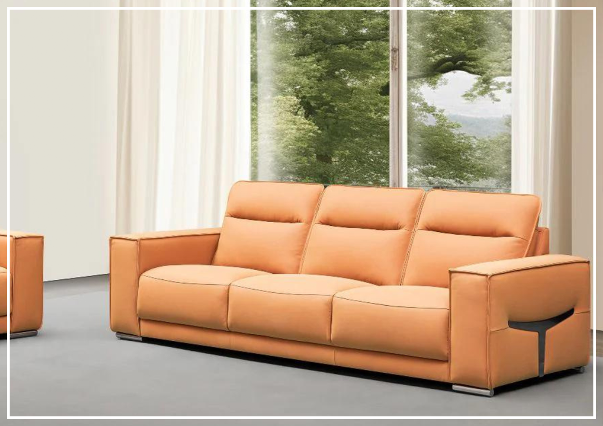 Klaussner Grazia 3-Seater Tufted Leather Sofa with Track Arms in Orange - Modern Living Room Furniture for Home & Office Comfort