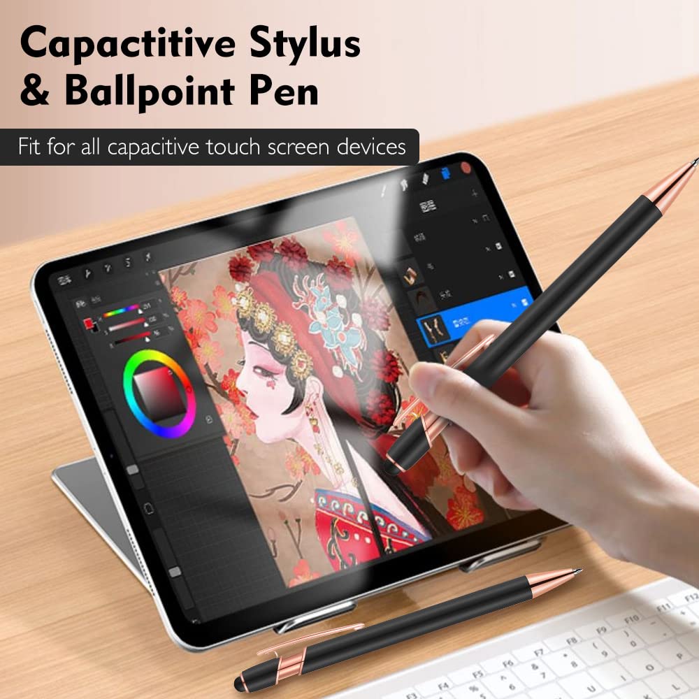 12-Pack 2-in-1 Stylus Ballpoint Pens with 1.0mm Black Ink - Metal Touch Screen Stylus Pen with 12 Refills (Rose Gold & Gray) for iPad, iPhone, Android Tablets & Digital Note Taking