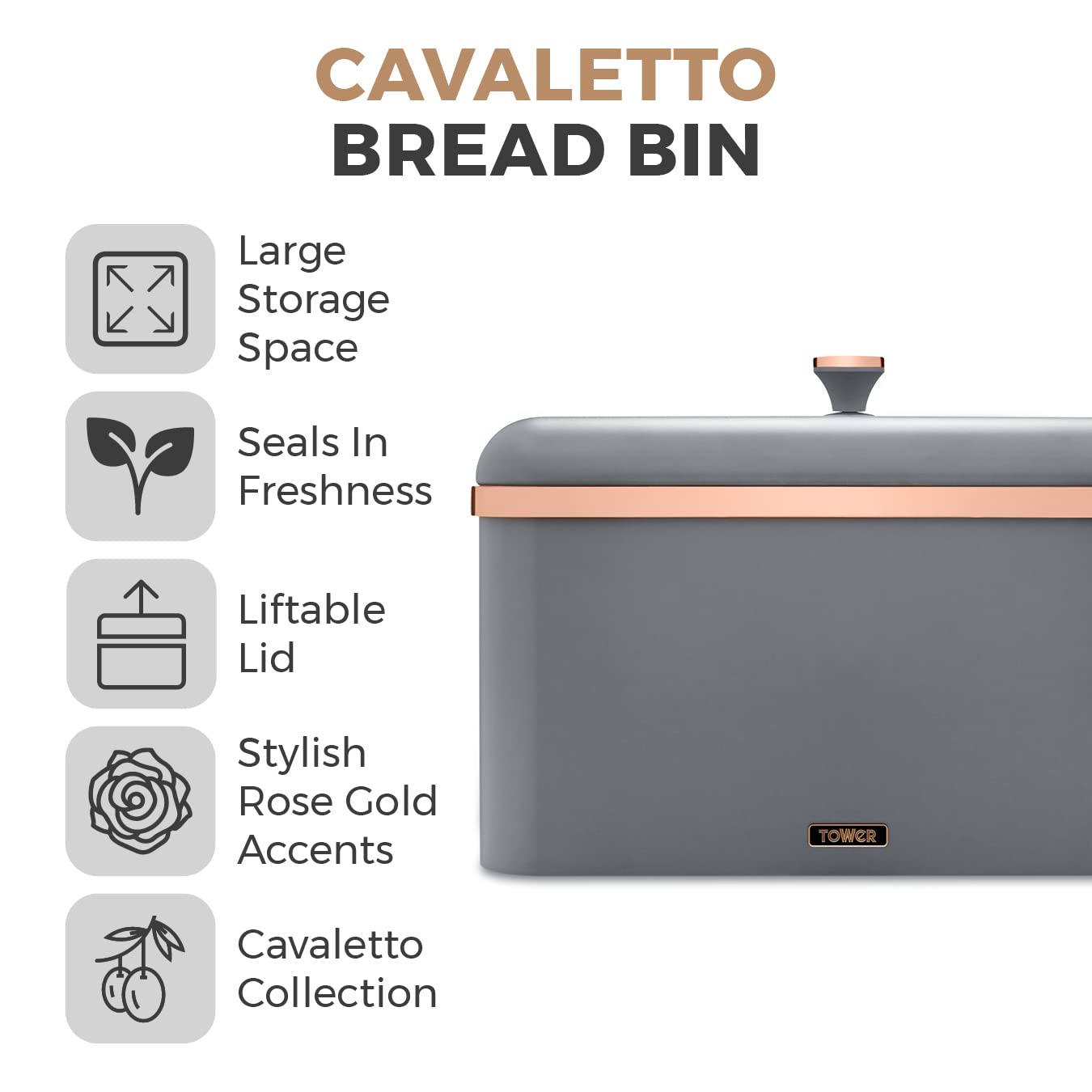 Cavaletto Bread Bin with Removable Lid - Large Capacity Stainless Steel Bread Box for Kitchen Storage | Grey & Rose Gold | Perfect for Countertop Organization & Fresh Bread Keeping
