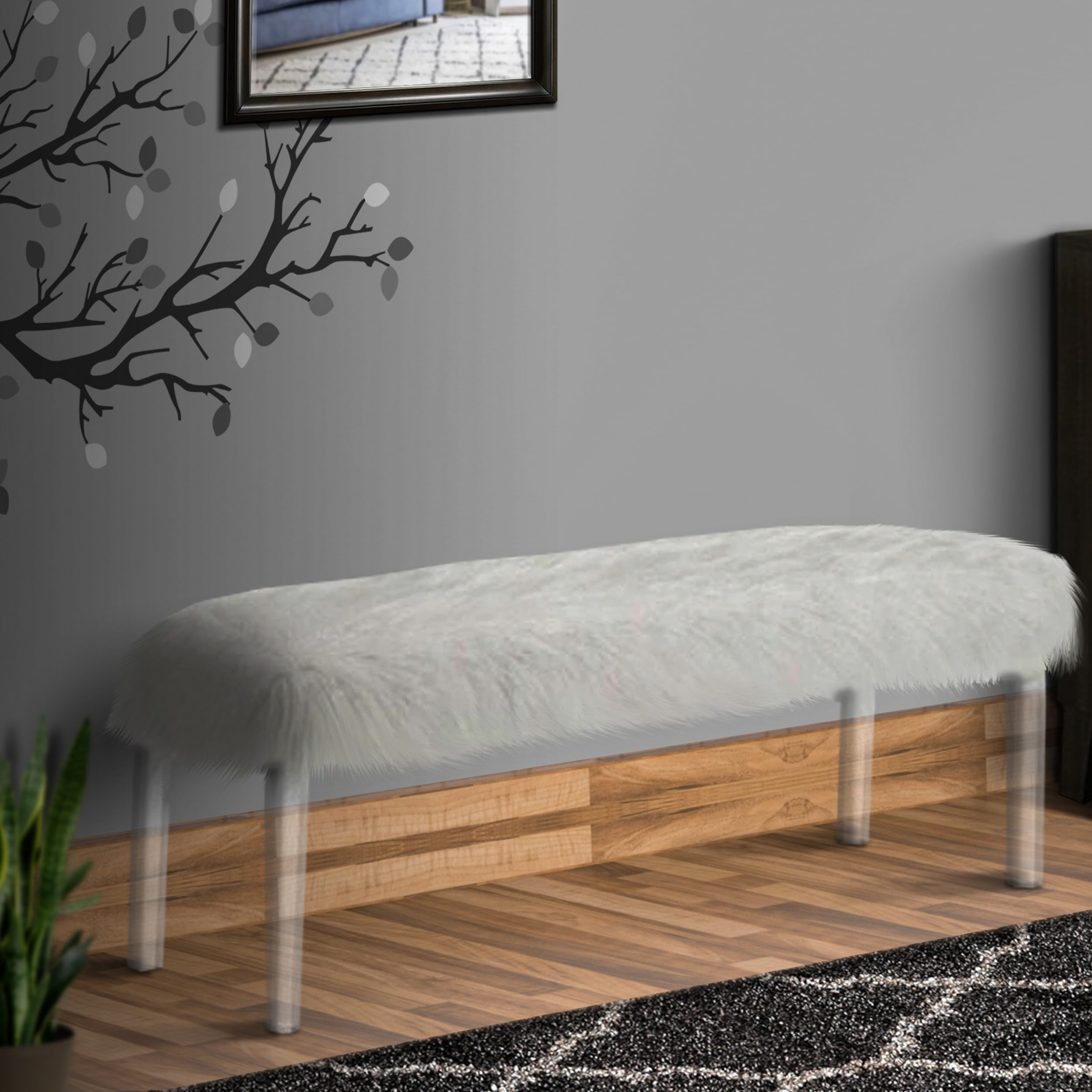 Benjara Modern White Faux Fur Bench with Clear Acrylic Legs - Contemporary Accent Seating for Living Room, Bedroom or Entryway