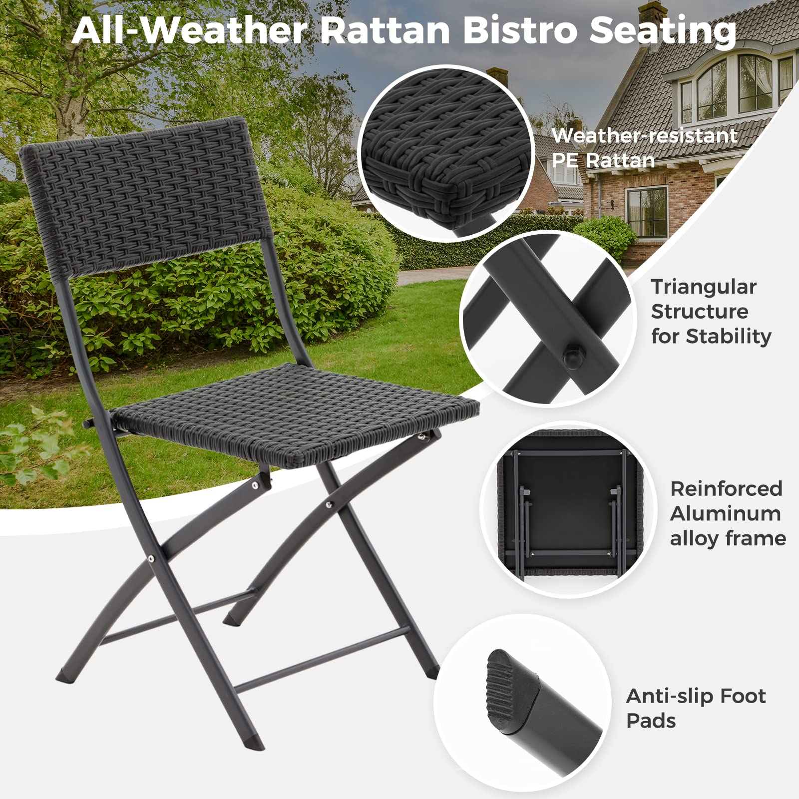 3-Piece Rattan Patio Bistro Set - Foldable Outdoor Furniture with Table & 2 Chairs - Weather-Resistant Wicker for Garden, Backyard, Pool, Lawn, Porch, Balcony - Perfect for Outdoor Dining, Relaxing & Entertaining (Black)