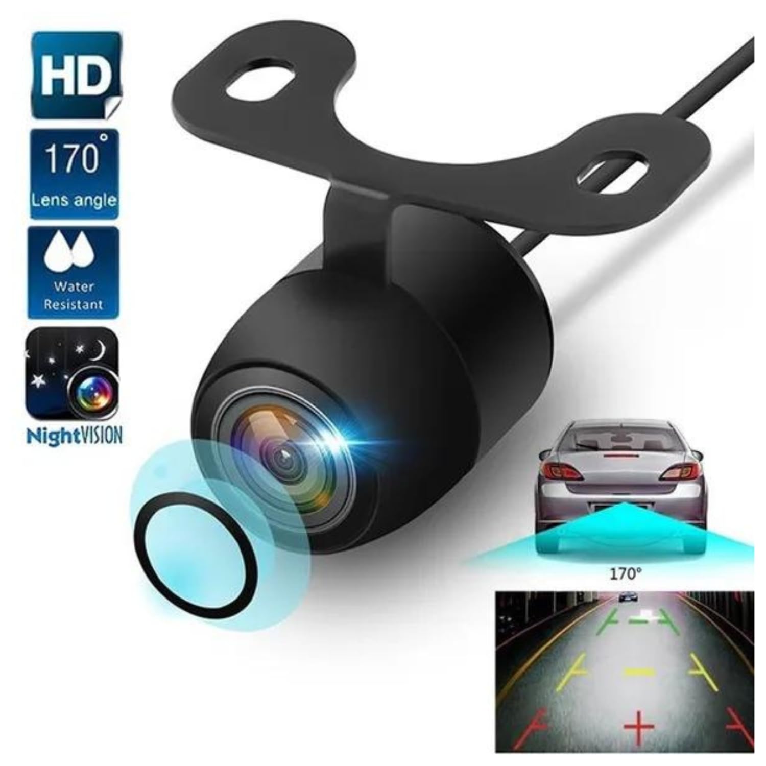 Waterproof IP68 Backup & Front View Camera with Night Vision & 170° Wide Angle - HD Rear View Camera for Cars, Trucks, SUVs, RVs, Vans - Perfect for Parking, Reversing & Night Driving (Black)