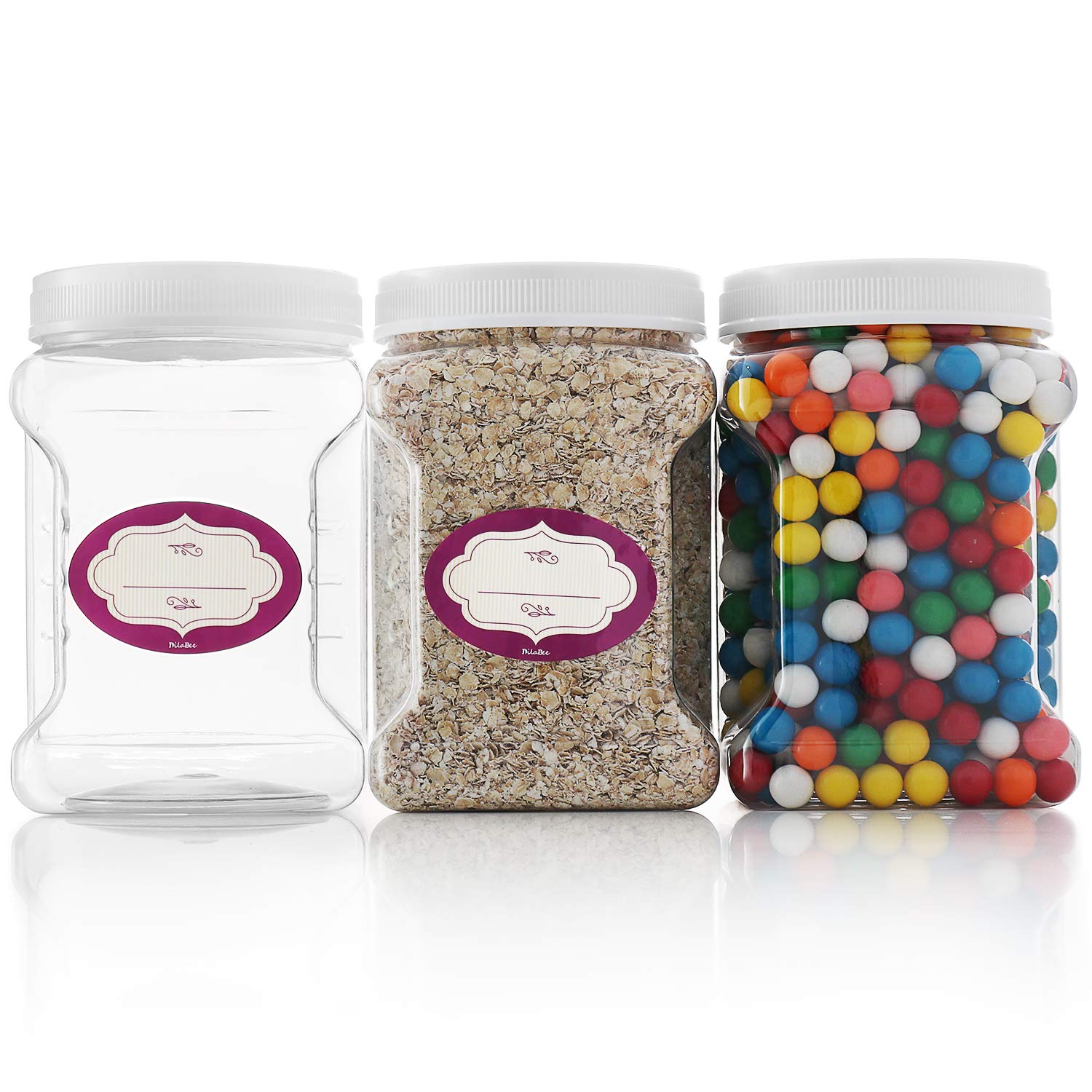 BPA-Free Clear Square Plastic Storage Containers with Lids - 64oz Airtight Food Grade Plastic Jars with Easy Grip Handles (3-Pack) - Perfect for Pantry Organization, Meal Prep & Leftover Storage
