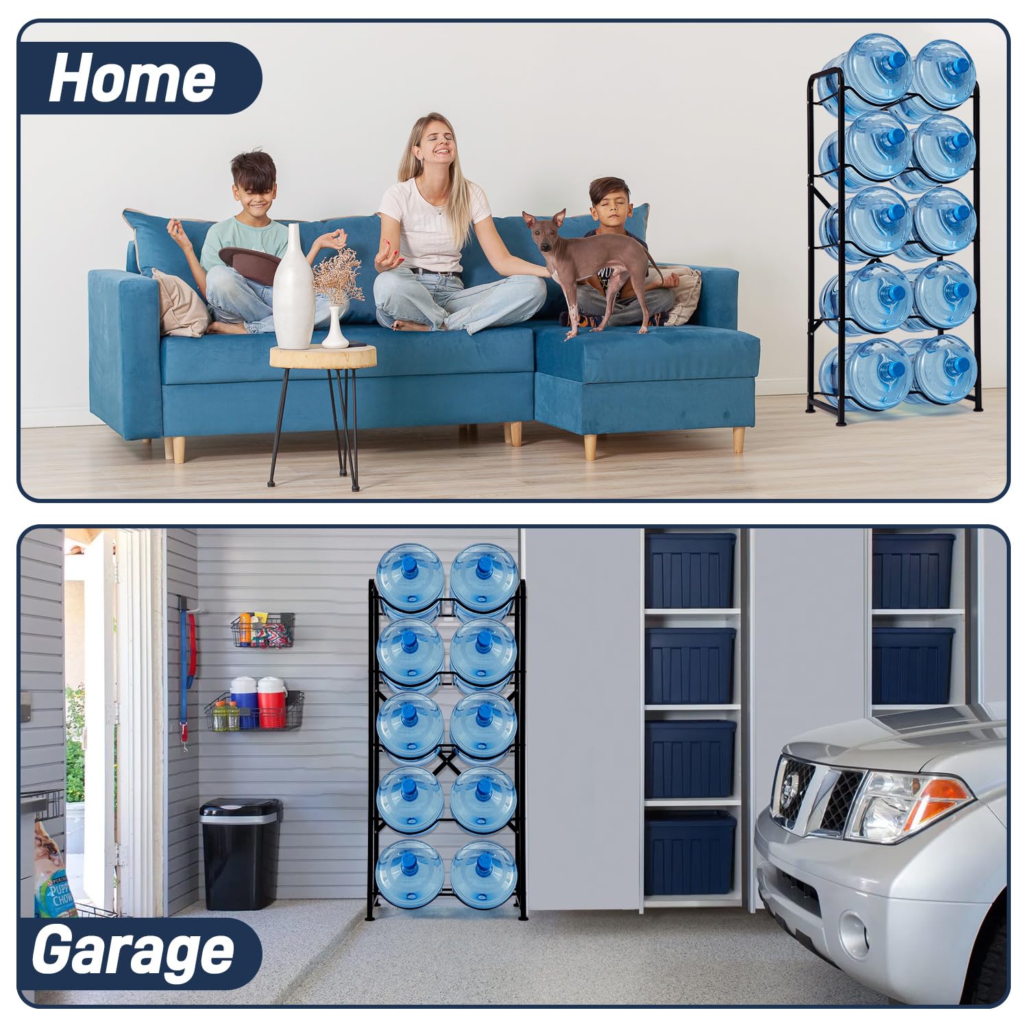 5-Tier Heavy Duty Water Bottle Rack - Reinforced Carbon Steel 5 Gallon Jug Holder for 10 Bottles - Space Saving Water Cooler Organizer for Office, Home, Garage, Restaurant & Gym - Perfect for Hydration Stations, Party Beverage Storage & Commercial Use (Black)