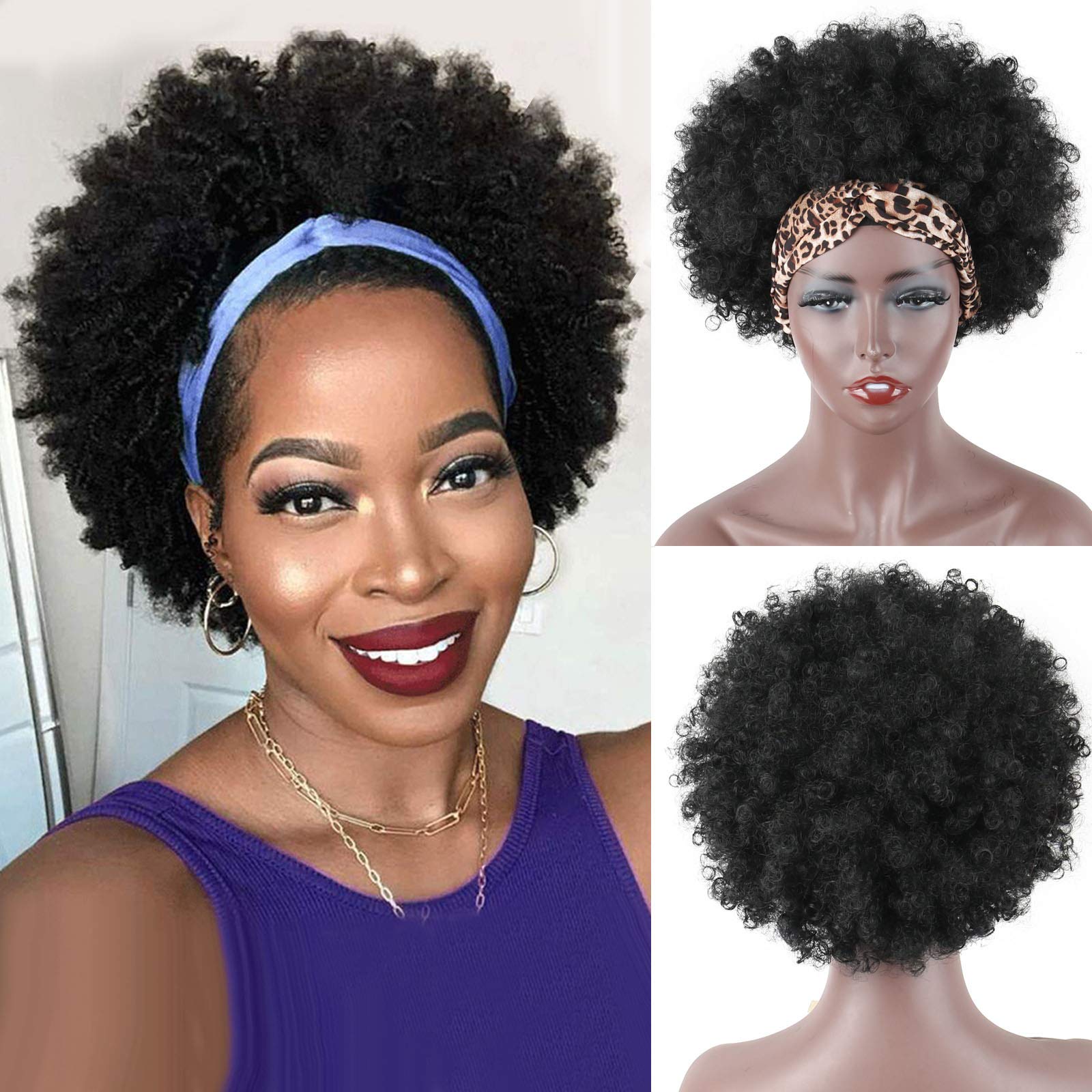 LEOSA Short Afro Kinky Curly Synthetic Wigs for Black Women - Pre-attached Headband, Natural Looking Replacement Hair - Perfect for Daily Wear, Cosplay & Protective Styling