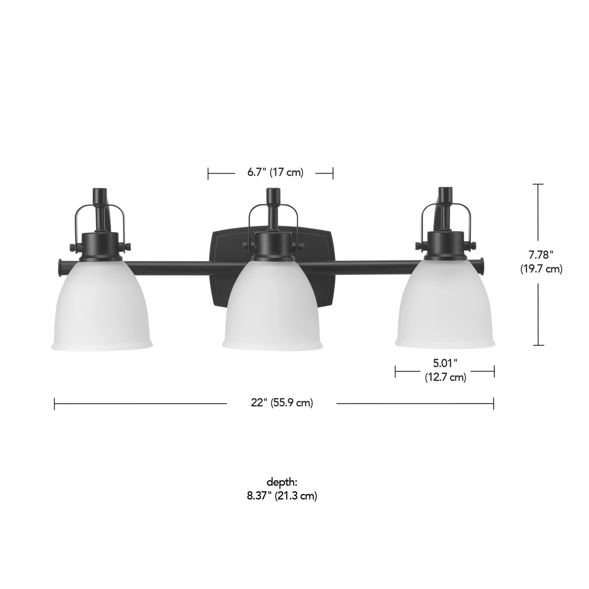 Globe Electric 52090 Gilroy 3-Light 25W LED Vanity Light with Adjustable Color Temperature (3000K-4000K-5000K) - Matte Black Finish, Frosted Glass Shades, 1780 Lumens, Energy Star Certified - Perfect for Bathroom, Dressing Room & Vanity Mirror Lighting