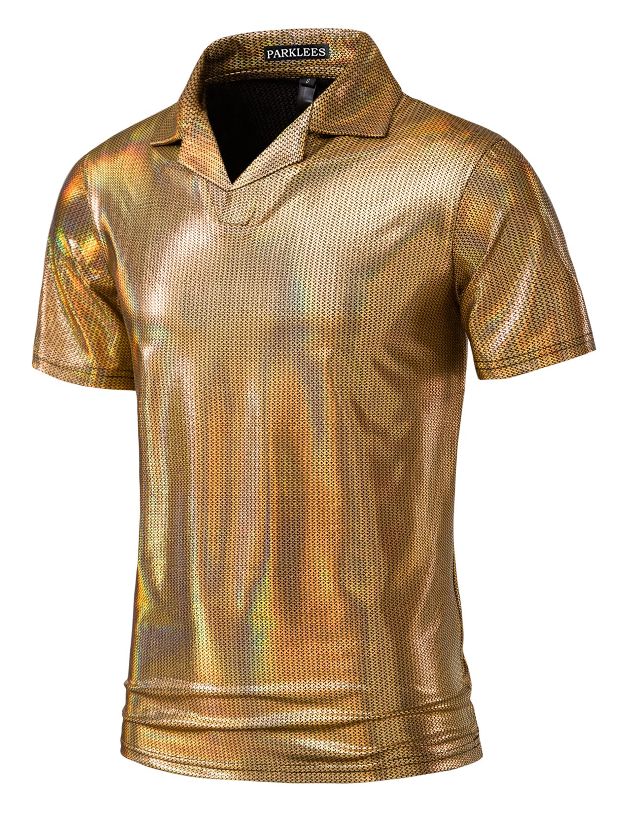Vintage 70s Disco Party Shirt - Men's Metallic Gold Short Sleeve Polo T-Shirt for Nightclub, Retro Theme Party & Costume Events | Breathable & Stylish Casual Wear