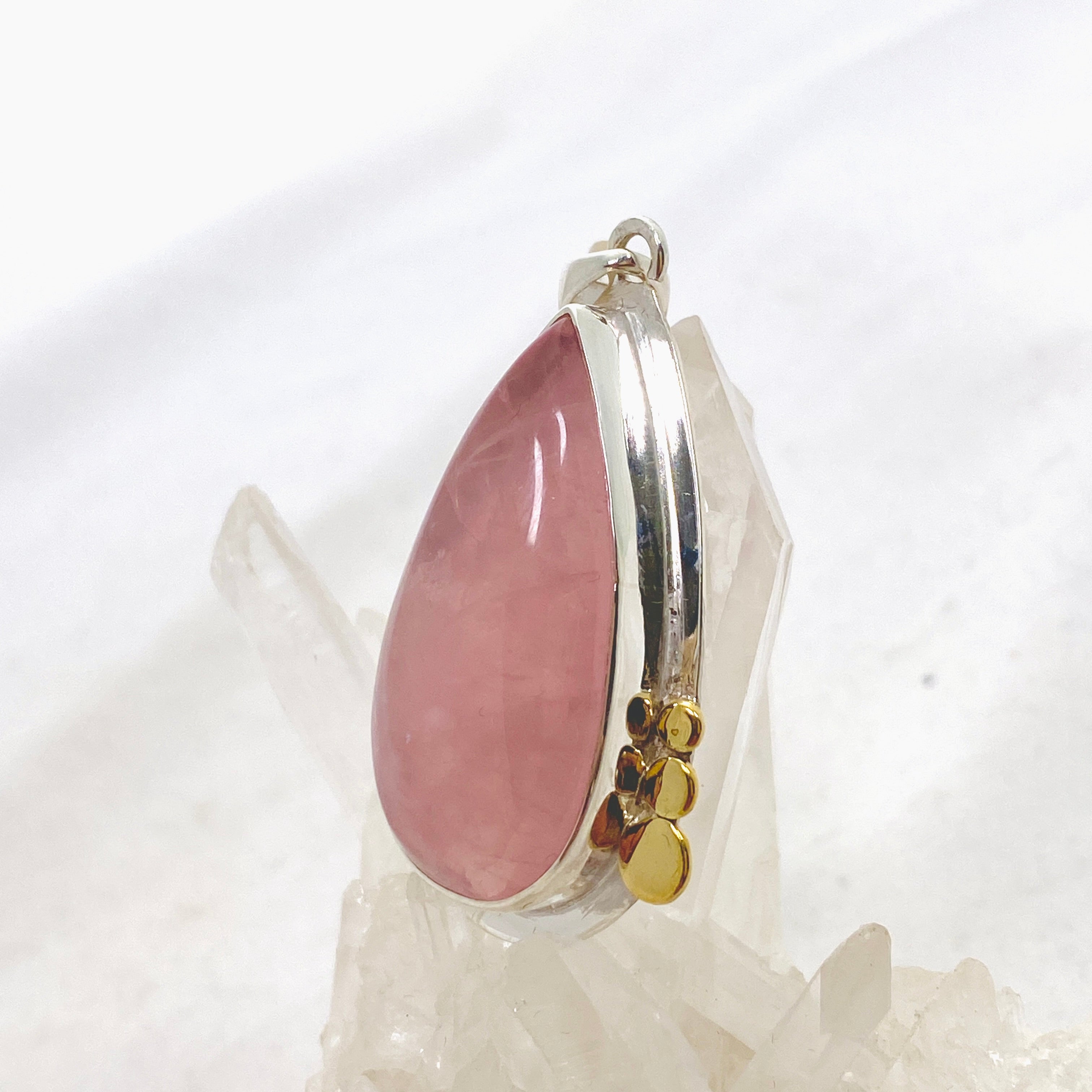 Rose Quartz Teardrop Cabochon Pendant Necklace with Decorative Sterling Silver Setting KPGJ4687 - Perfect for Meditation, Healing & Spiritual Jewelry Gifts