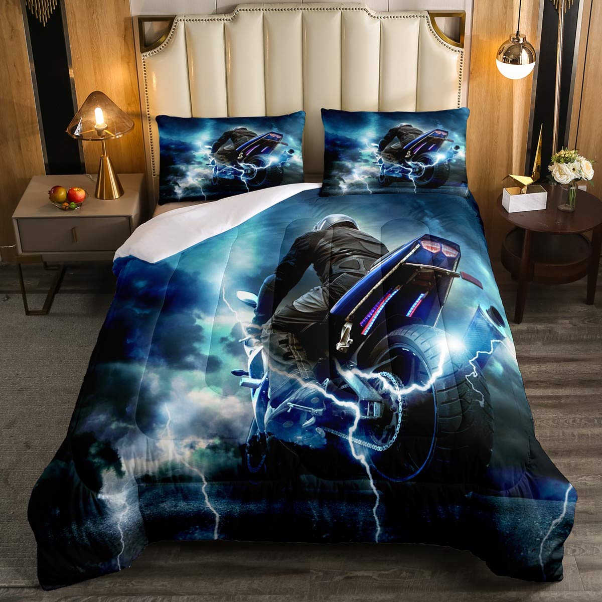 Erosebridal Queen Size Dirt Bike Comforter Set - Motorcycle Racing Themed Bedding with Lightning Duvet Cover for Boys, Teens & Men - Extreme Sports Decor for Bedroom, Dorm & Man Cave