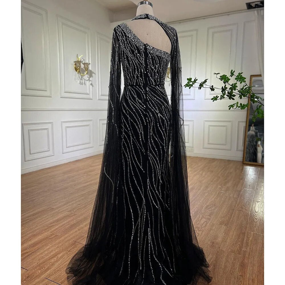 Elegant Black Mermaid Evening Gown with Cape Sleeves & Beaded Details - Luxury Women's Formal Dress for Arabic Parties, Prom, Gala & Special Occasions - Serene Hill Collection LA72112
