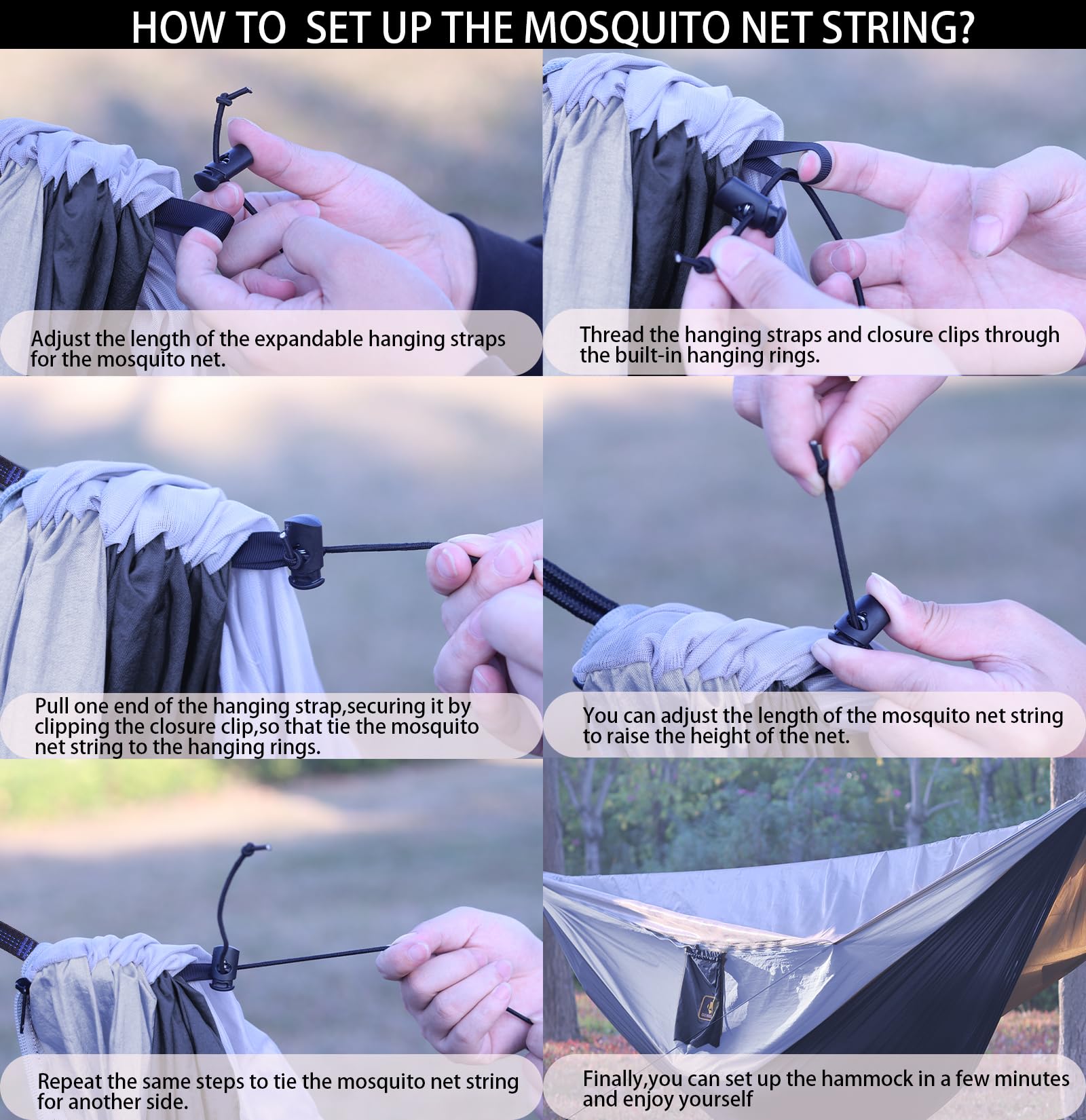 **Portable Camping Hammock with Mosquito Net - Lightweight Nylon Parachute Hammock for Travel, Hiking & Backpacking - Includes 10ft Tree Straps - Perfect for Beach, Patio & Outdoor Adventures (Black & Grey)**