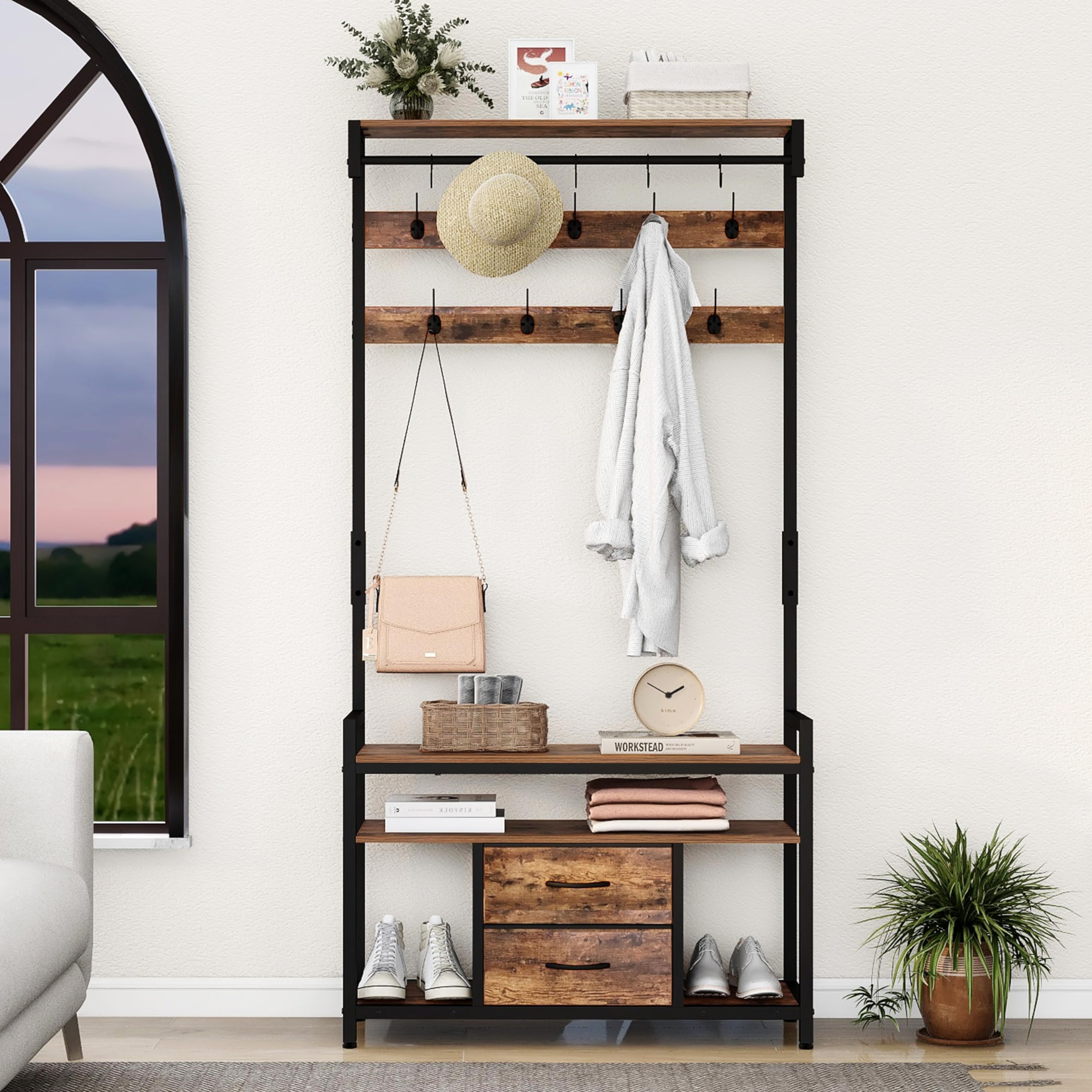 Vintage Brown Hall Tree with Bench & Shoe Storage - Entryway Organizer with Coat Rack, 14 Hooks, 2 Fabric Drawers - Perfect for Hallway, Living Room & Small Space Entry Organization
