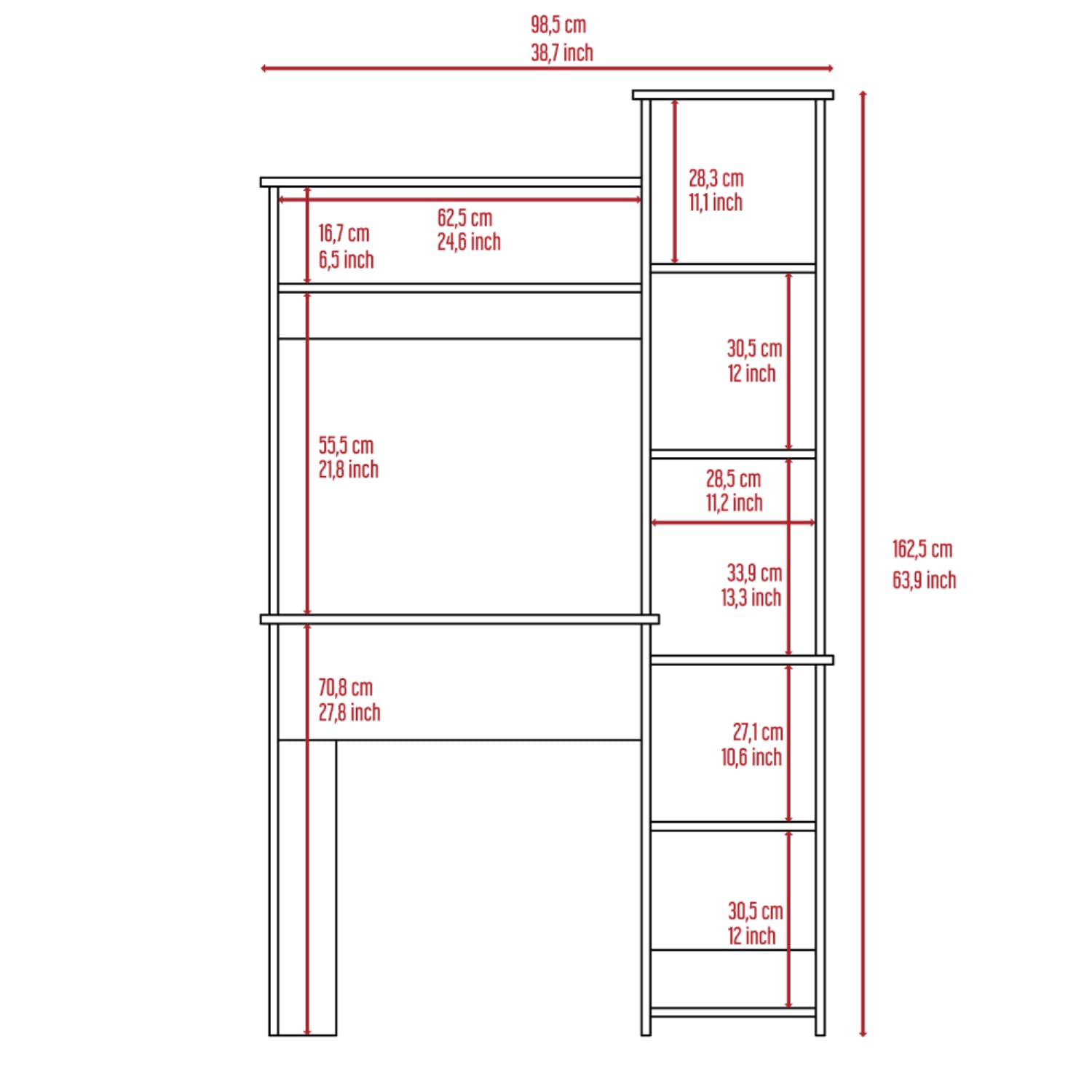 Aramis Ergonomic White Office Desk with 5 Shelves & 2 Large Storage Shelves - 63.9 Inch Height Computer Workstation for Home Office, Study Room & Small Spaces