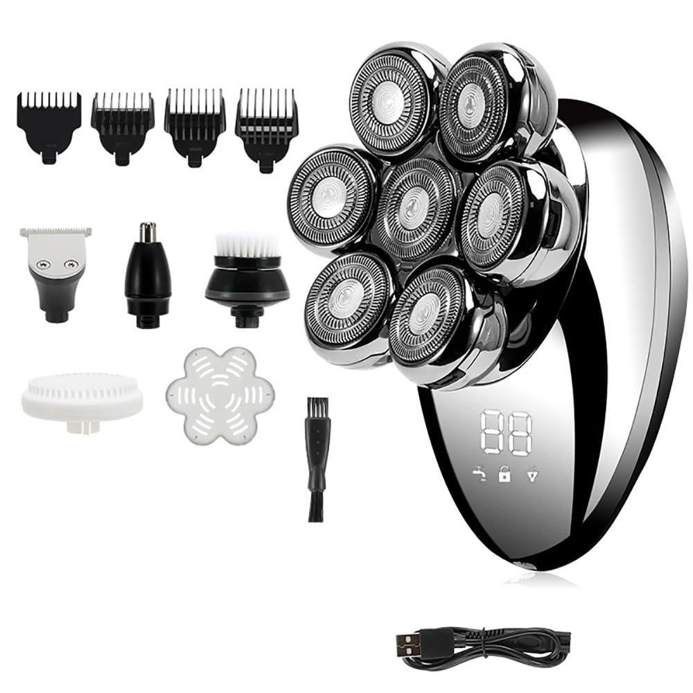7D Rechargeable Electric Head Shaver for Men - 5-in-1 Bald Head Shaving Kit with USB Charging & LED Display | Silver Facial Trimmer for Beard, Ear & Nose Hair | Perfect for Travel, Gym & Daily Grooming