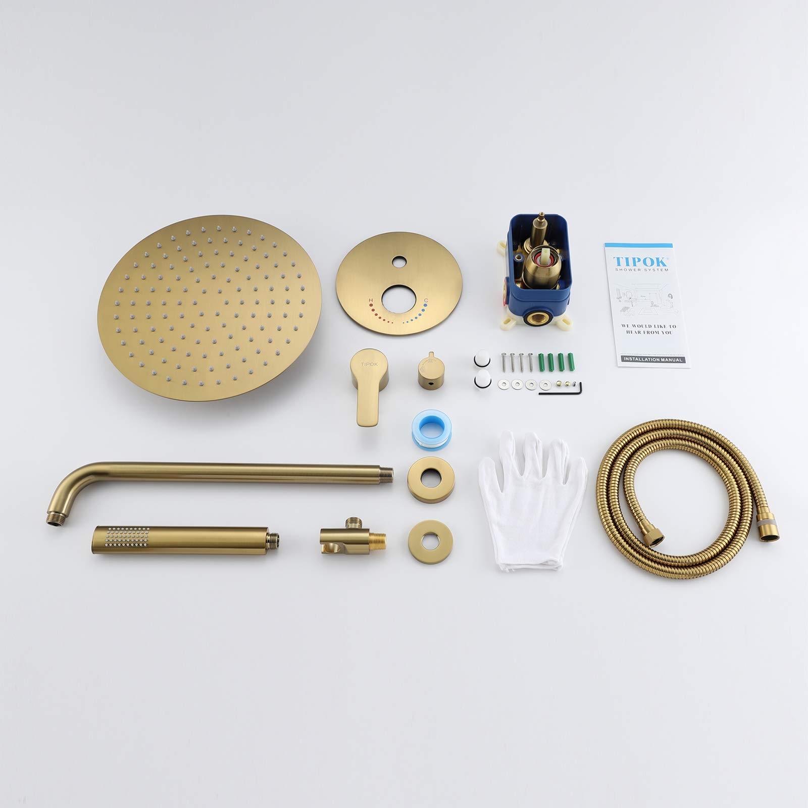 TIPOK Brushed Gold Shower System - 10 Inch Rainfall Shower Head with Handheld Sprayer | High Pressure Gold Shower Faucet Set with Pressure Balance Brass Valve | Perfect for Luxurious Bathroom Renovations & Spa-Like Shower Experience