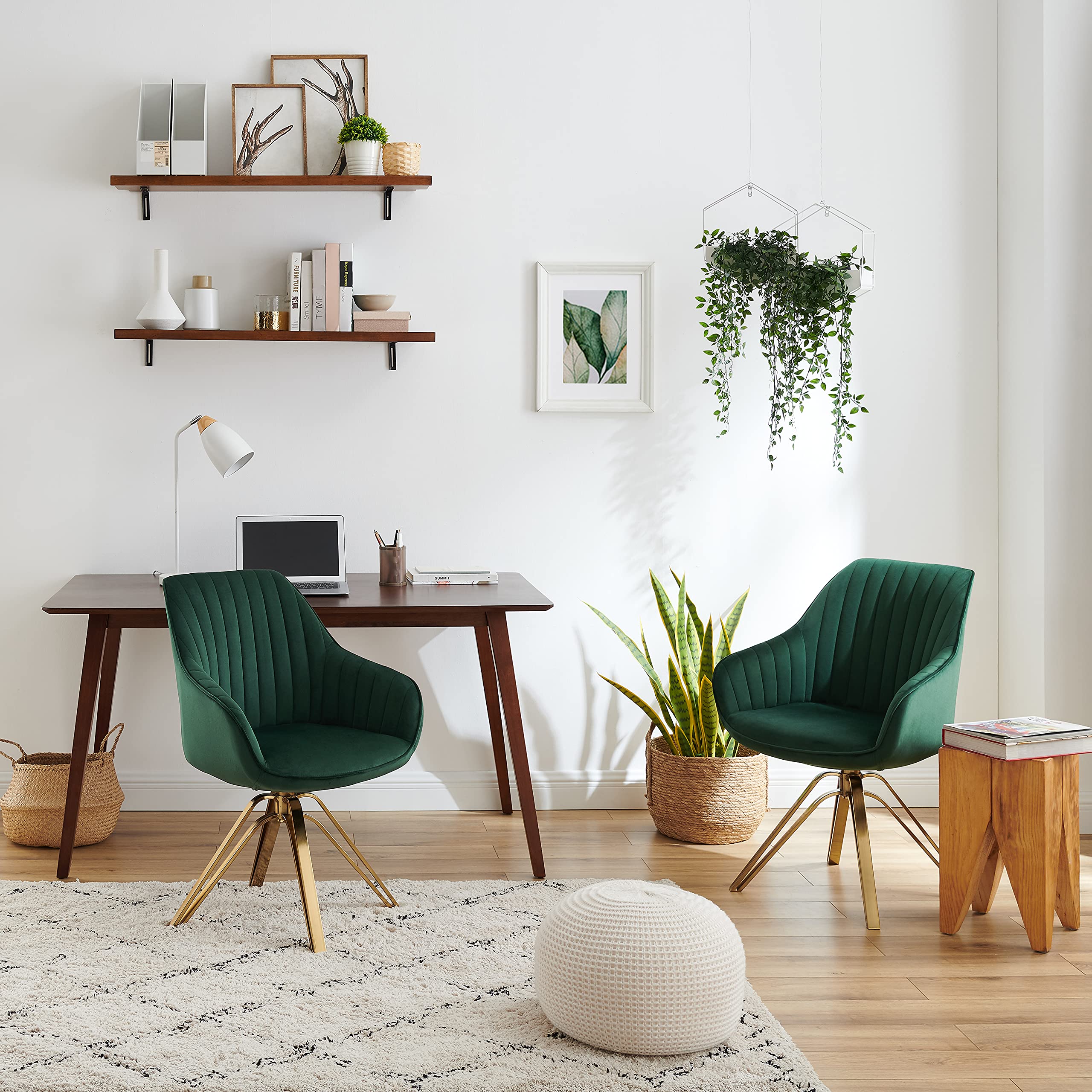 Volans Mid Century Modern Swivel Accent Desk Chair - Hollow Brushed Gold Plated Legs, Home Office Chair Without Wheels in Green & Black (Set of 2) - Perfect for Small Spaces, Reading Nooks & Minimalist Home Offices