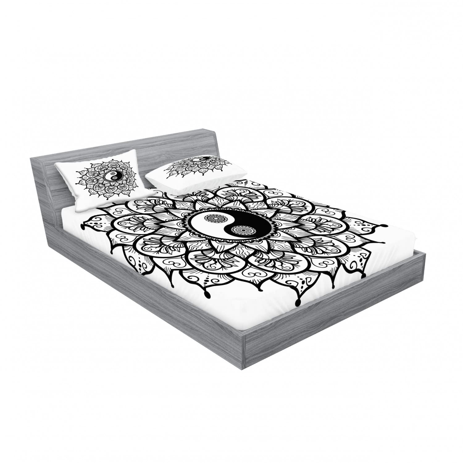 Ambesonne 2-Piece Queen Size Fitted Sheet Set with 4 Pillow Shams - Retro Floral Black White Pattern Bedding - Soft Wrinkle-Resistant Fabric for Master Bedroom, Guest Room & Vacation Homes