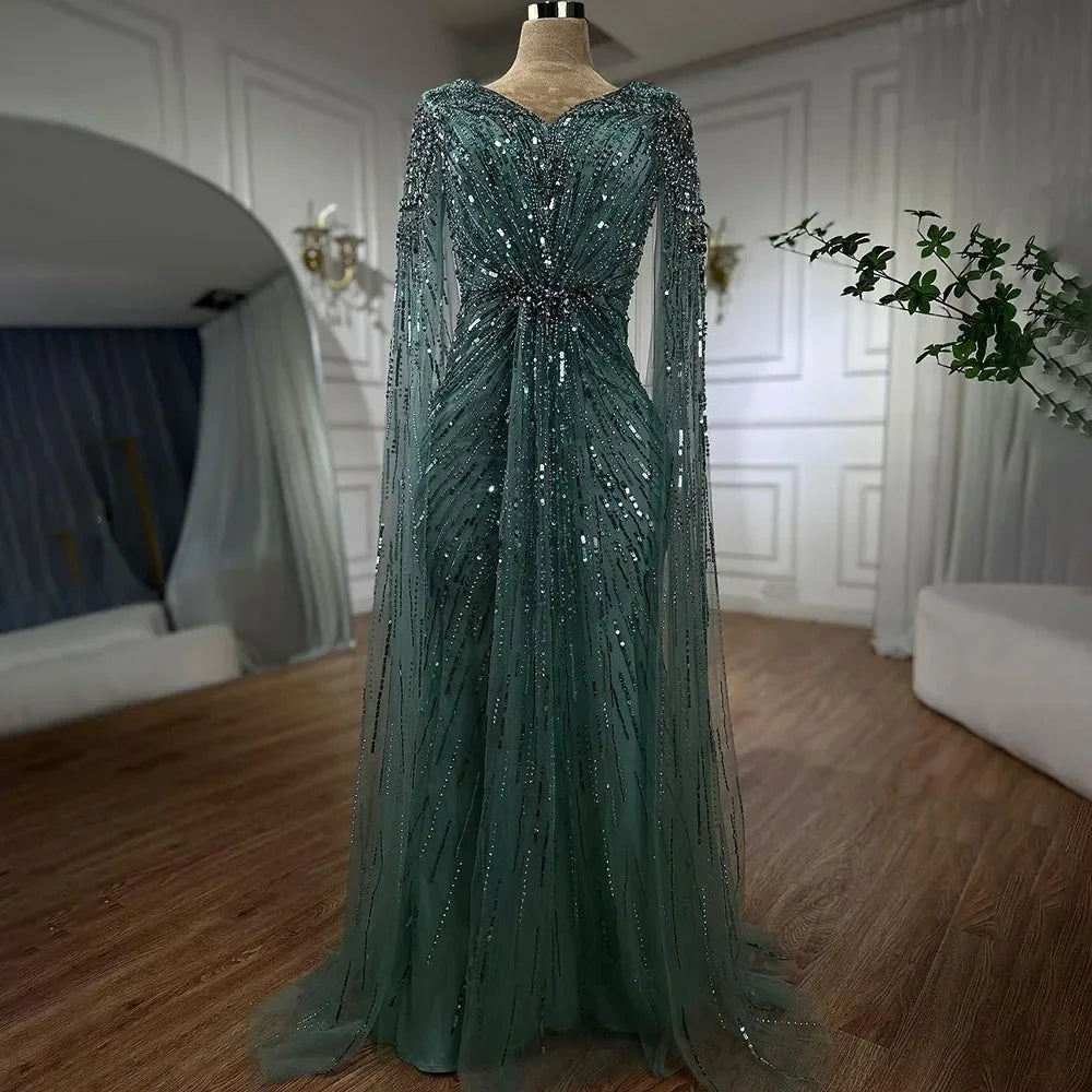 Serene Hill Arabic Turquoise Mermaid Beaded Cape Sleeves Elegant Evening Dress Gown 2025 for Women - Perfect for Wedding, Party, Prom & Formal Events