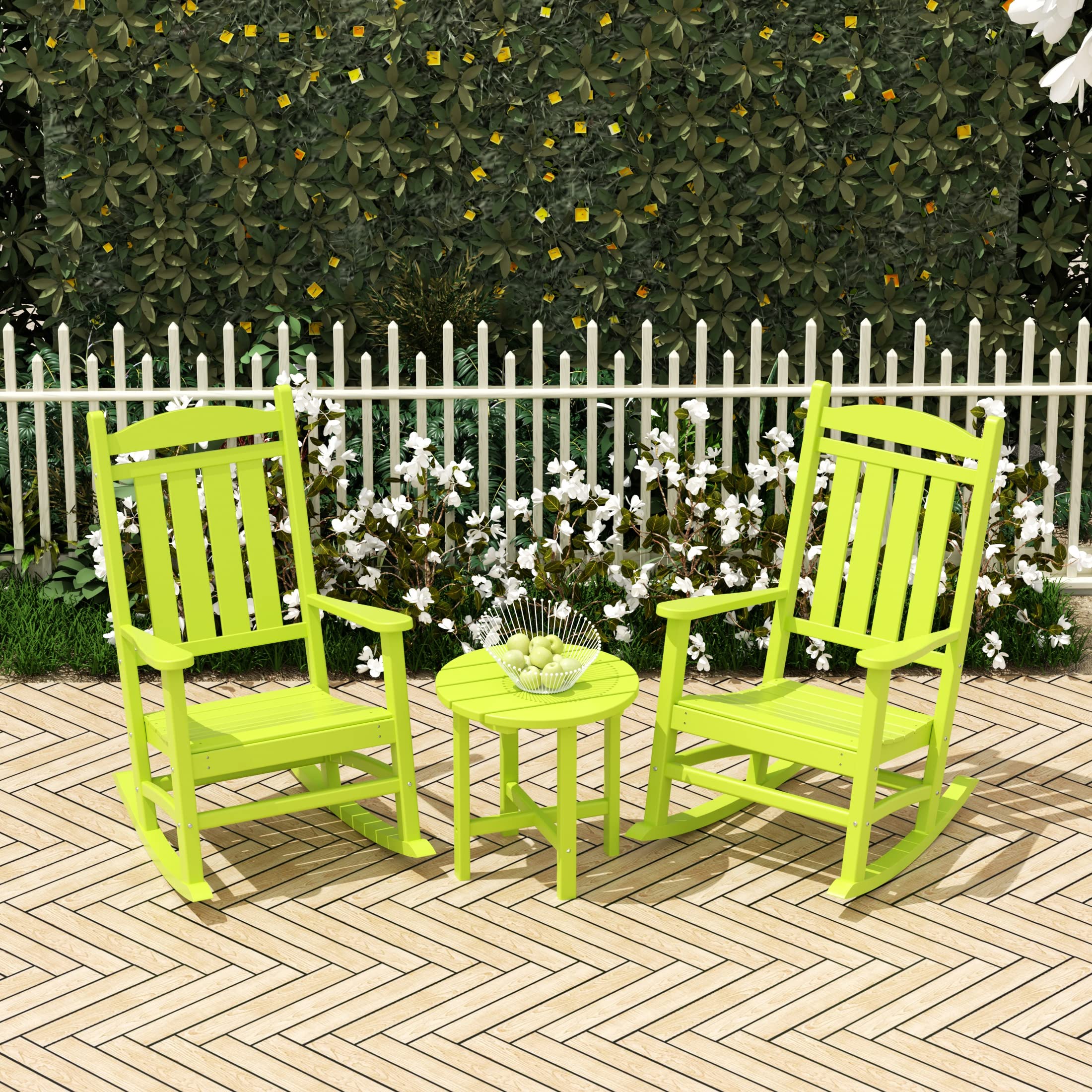 WO Home Furniture 3-Piece HDPE Outdoor Rocking Chair Set - Traditional Patio Rocking Chairs in Lime Green for Garden, Porch & Backyard Relaxation