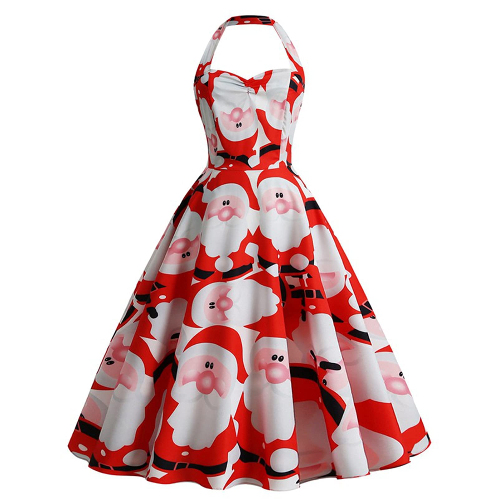 Elegant Women's Christmas Cocktail Dress - Sleeveless Halter Midi Dress with Off-Shoulder Design & Cute Print for Holiday Parties, Christmas Dinners & New Year Celebrations