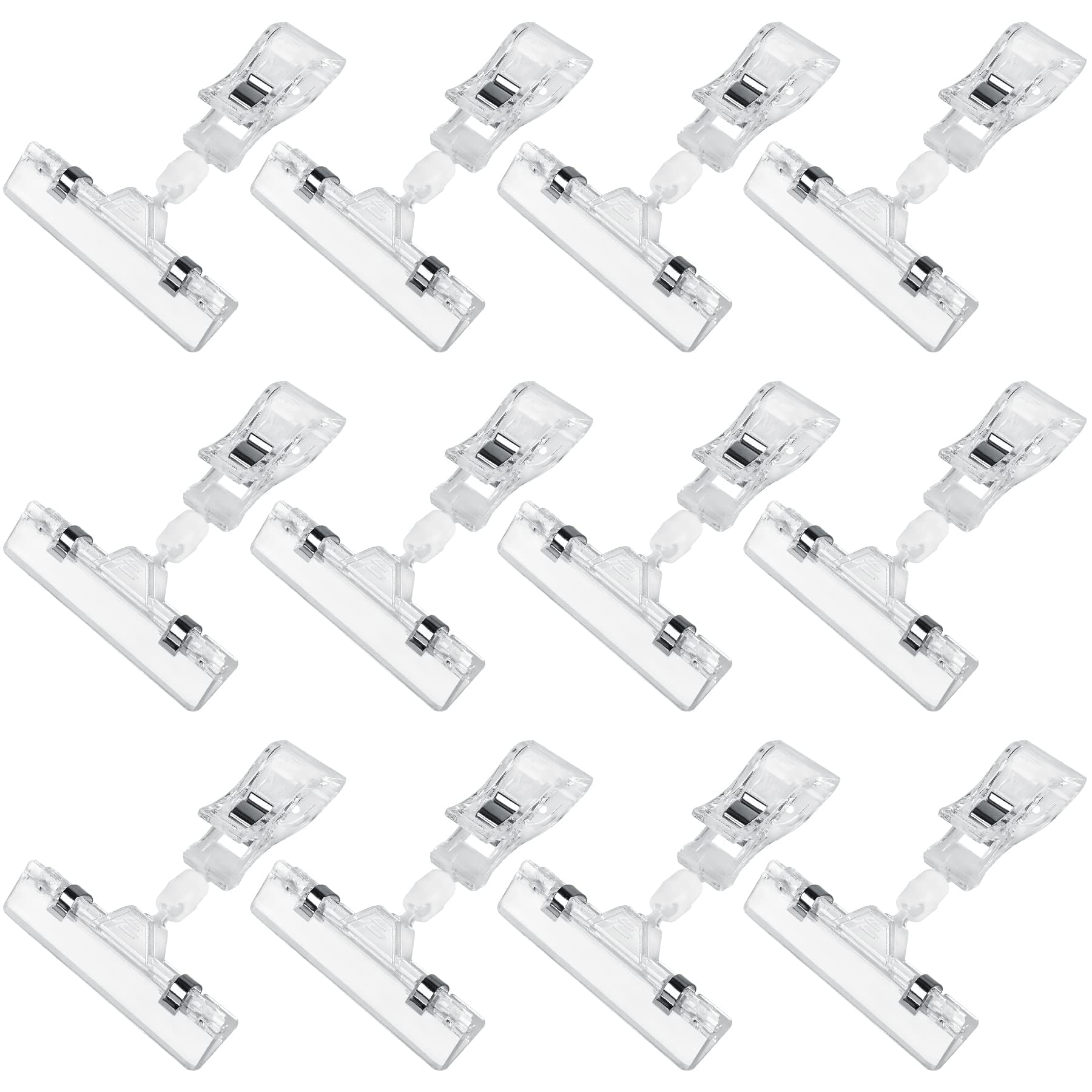 12 Pack Clear Plastic Sign Clips - Double Sided Rotatable Label Holders for Retail Displays, Price Tags & Menu Signs - Perfect for Clothing Racks, Shelves & Merchandise Showcases