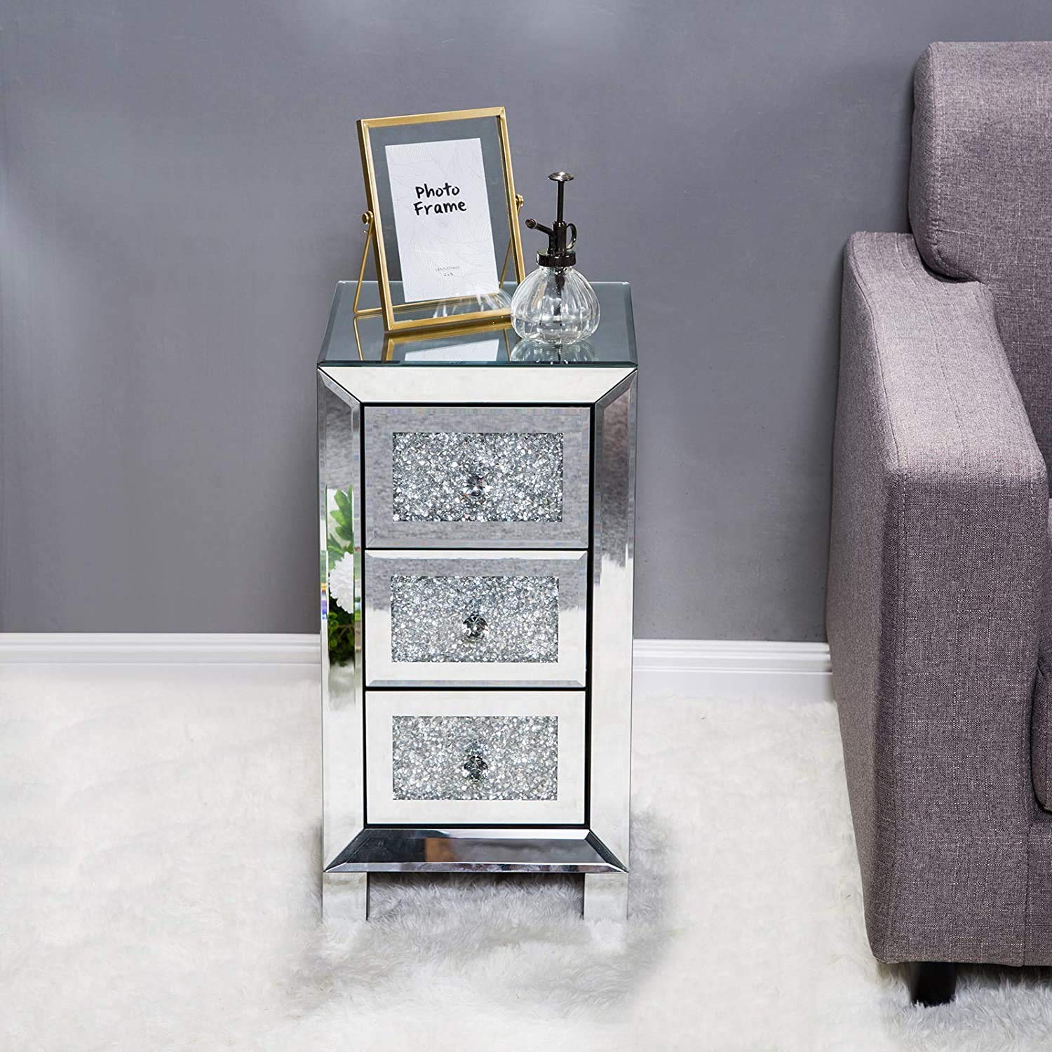 Mirrored Nightstand Set of 2 - Silver Finish Bedside Table with 3 Crushed Crystal Drawers, Elegant Accent Cabinet for Bedroom & Living Room - Perfect for Storing Jewelry, Books & Bedroom Essentials