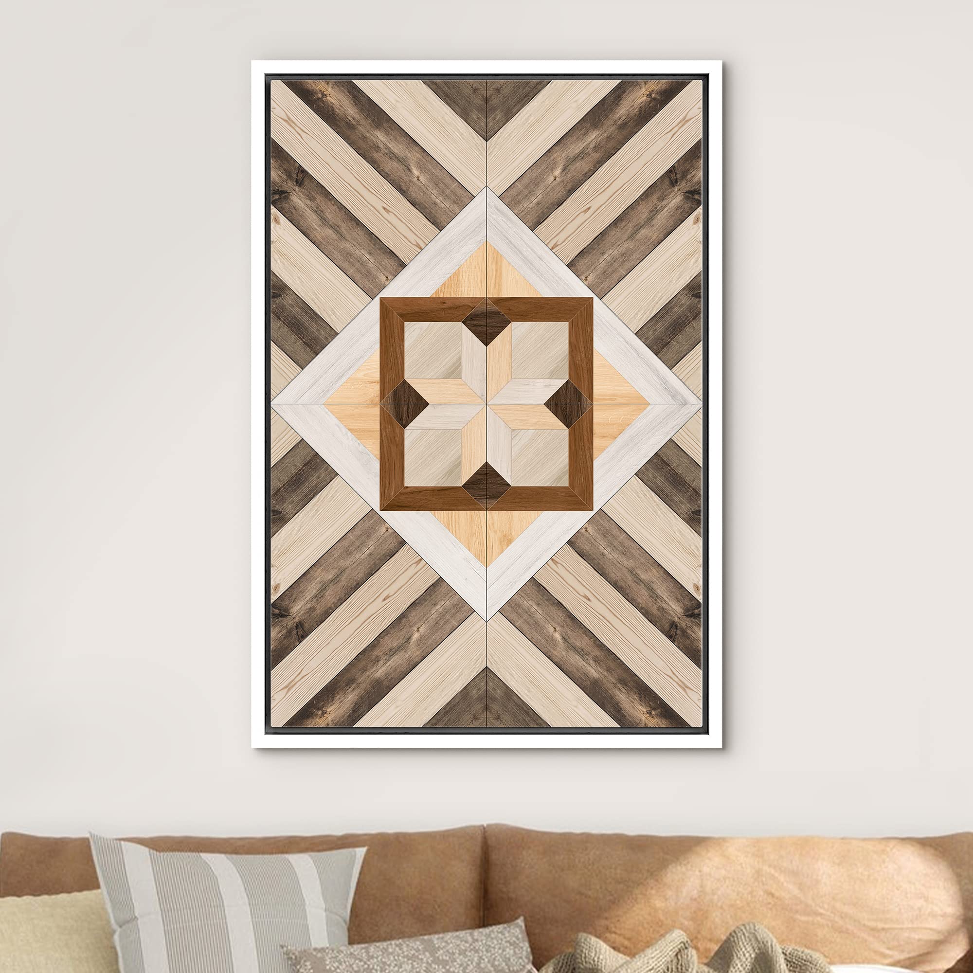 IDEA4WALL Framed Canvas Print - Modern Western Decor with Geometric Polygon Wood Panel Pattern, Abstract Shapes, Minimal Boho Style, Nordic Art for Living Room, Bedroom, Office - 16