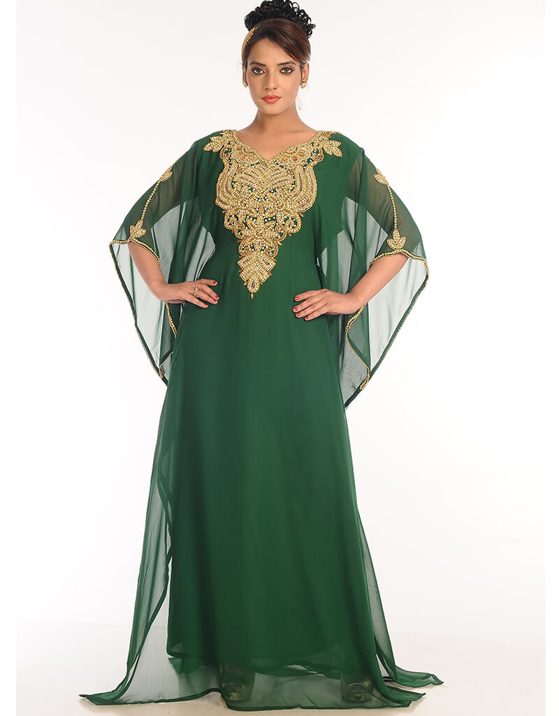 Elegant Arabic Bottle Green Georgette Kaftan with Hand Embroidery - Perfect for Parties, Weddings & Special Occasions