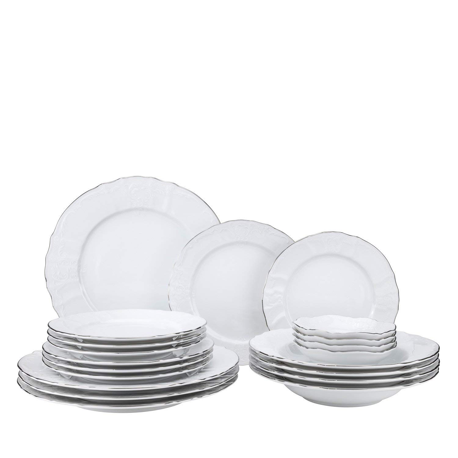 Luxury 20-Piece Euro Porcelain Dinnerware Set with Platinum Silver Trim - Bernadette White Fine China for 4 - Elegant Tableware for Formal Dining, Weddings & Special Occasions