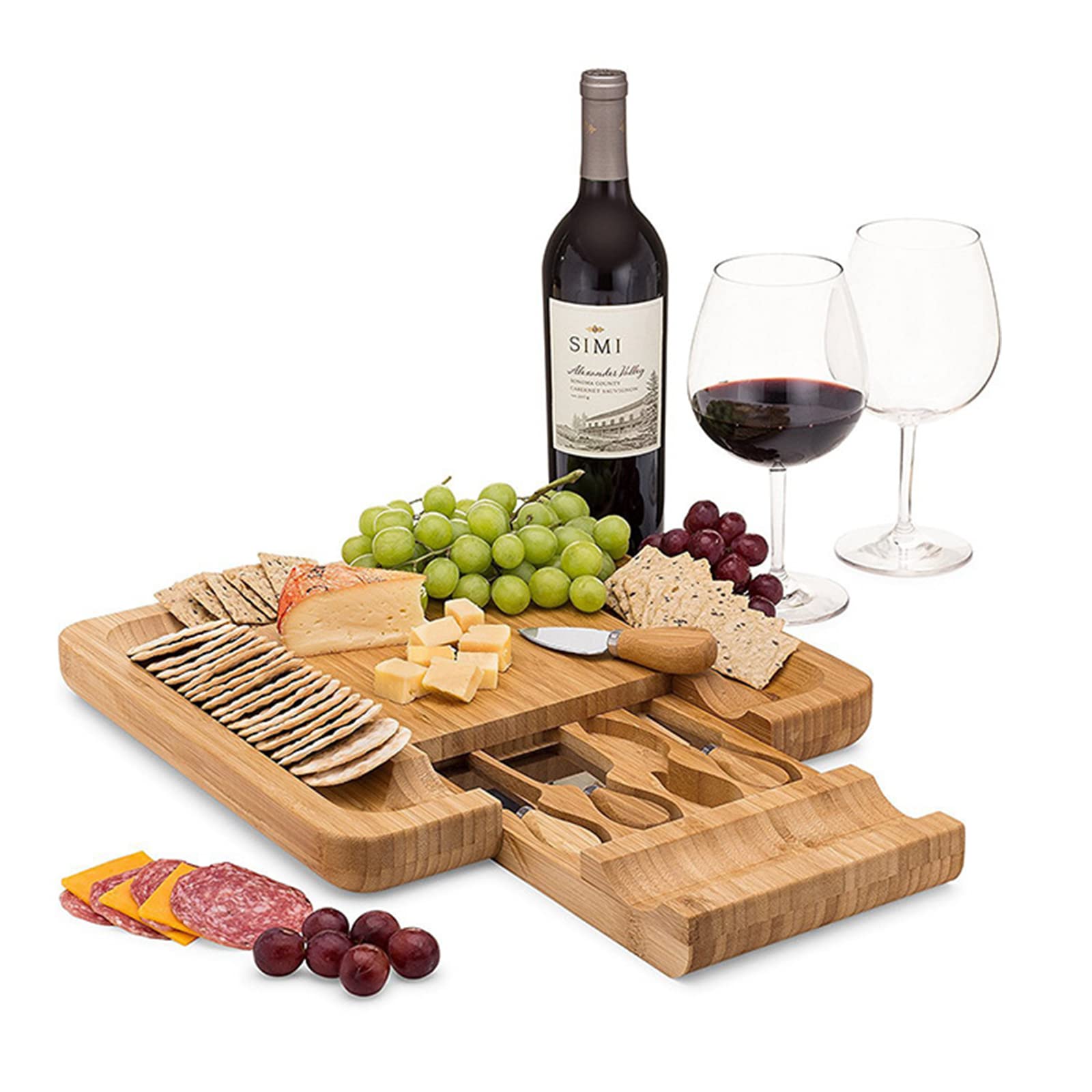 Premium Bamboo Cheese Board Set with Slide-Out Drawer & 4 Stainless Steel Knives - Charcuterie Serving Tray for Entertaining, Wine Pairings & Gourmet Cheese Platters - Perfect for Dinner Parties, Gifts & Home Decor