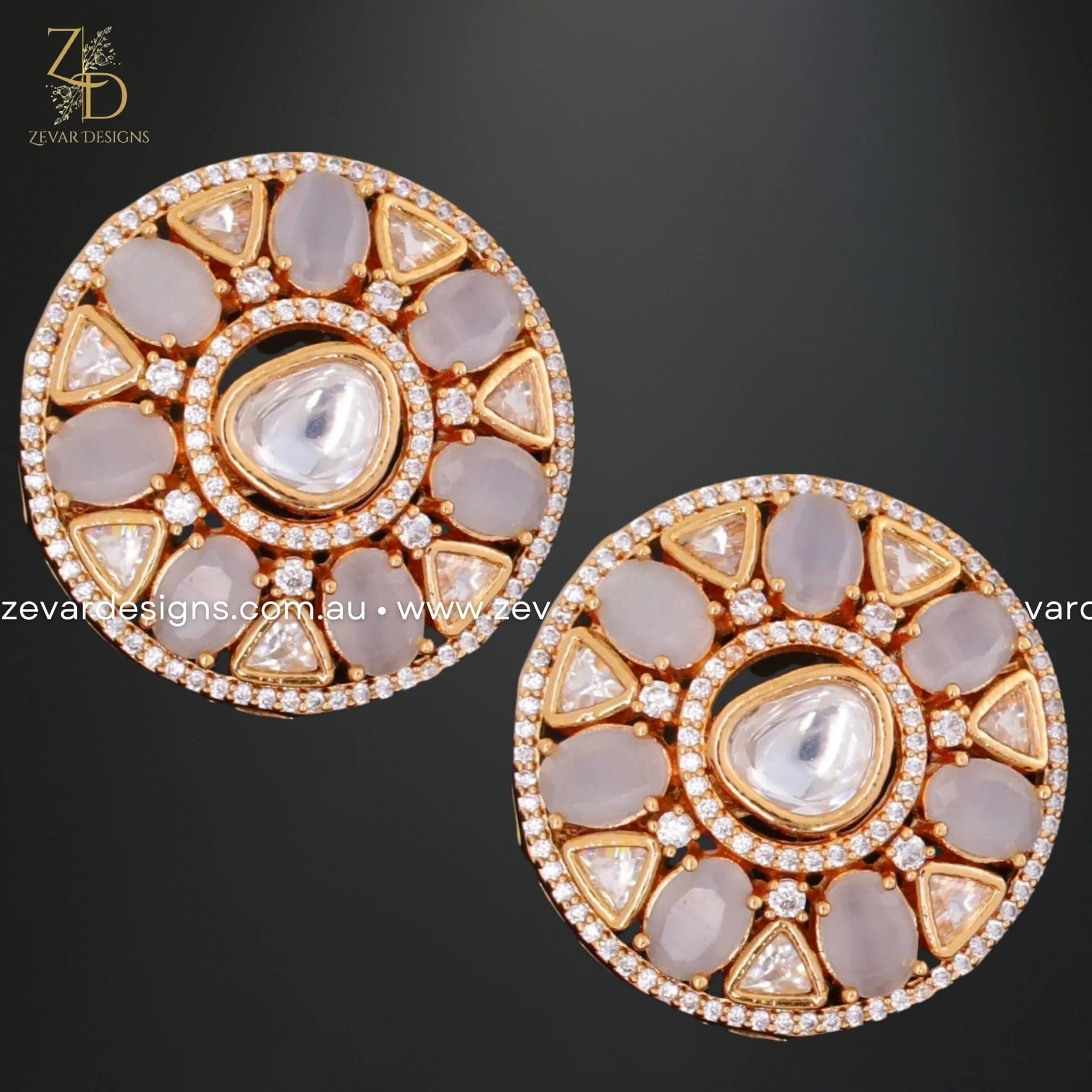 AD and Kundan Polki Stud Earrings in Grey - Elegant Indian Jewelry for Weddings, Parties & Festive Occasions