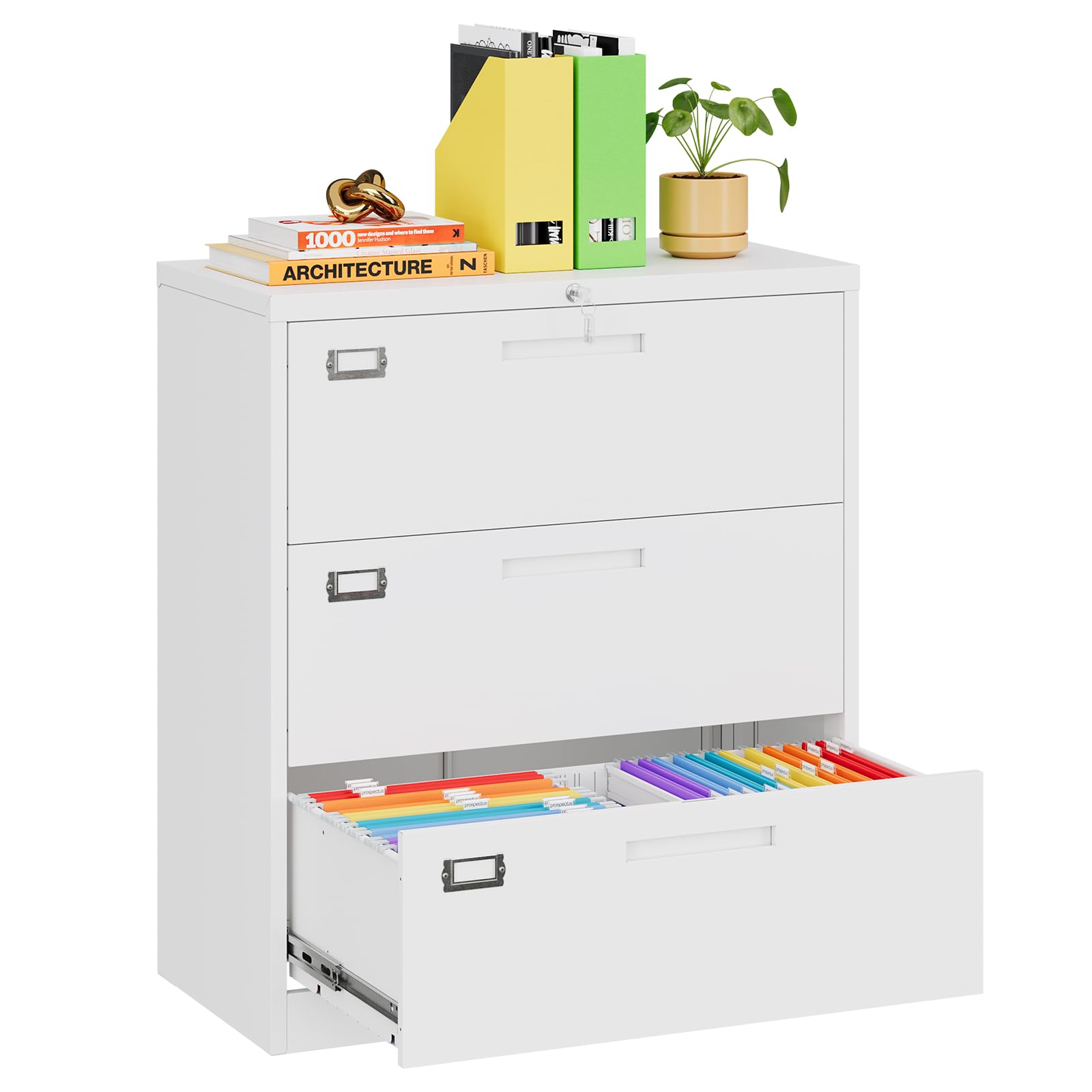MIIIKO 3-Drawer Lateral File Cabinet - White Metal Filing Cabinet with Lock for Home Office, Large Storage Organizer for Hanging File Folders, Easy Assembly - Perfect for Document Storage & Office Organization