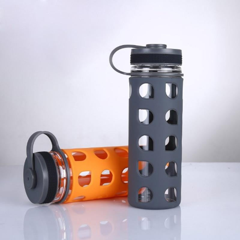 Premium 600ml (20.3 fl oz) Glass Water Bottle with Silicone Rubber Protective Sleeve - Leakproof, BPA-Free, Ideal for Gym, Hiking, Office & Travel