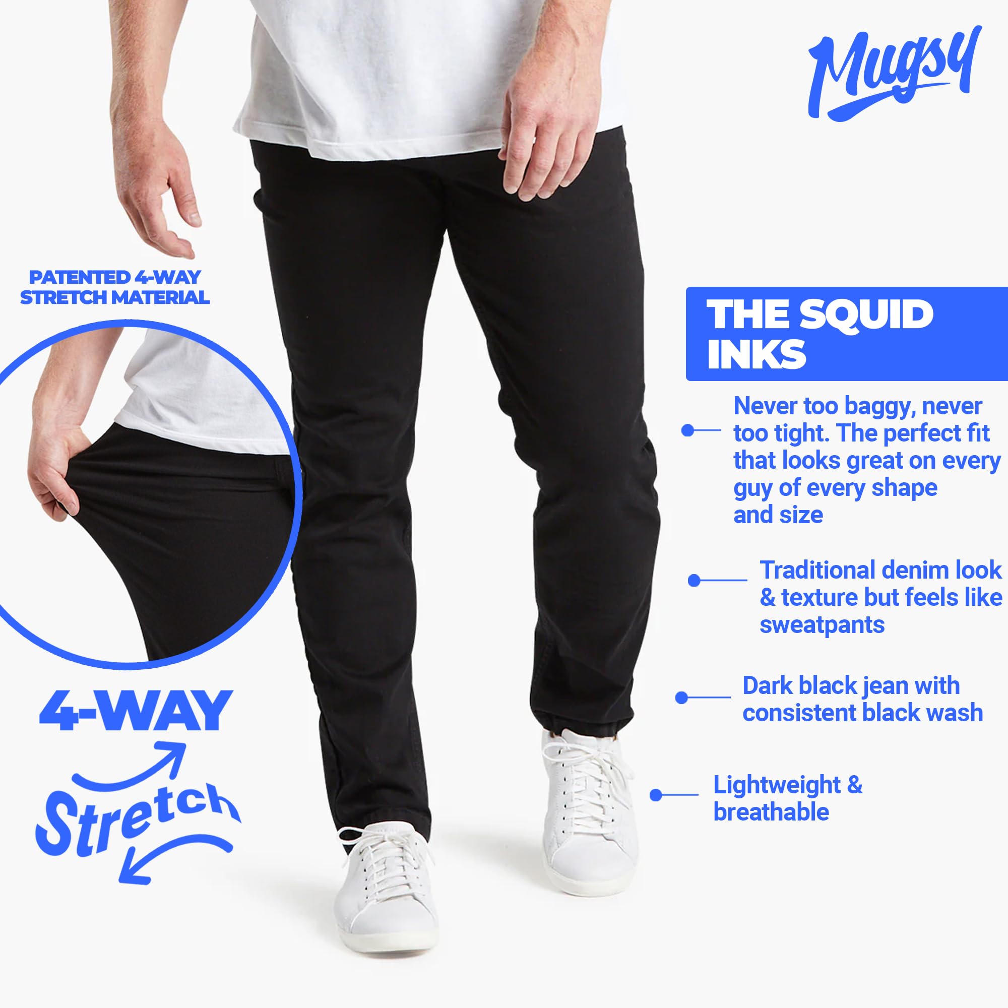 Mugsy Squid Inks Men's Classic Fit Black Denim Jeans - Stretch Comfortable & Flexible Pants for Everyday Wear - True to Size - Perfect for Casual, Office & Travel Outfits