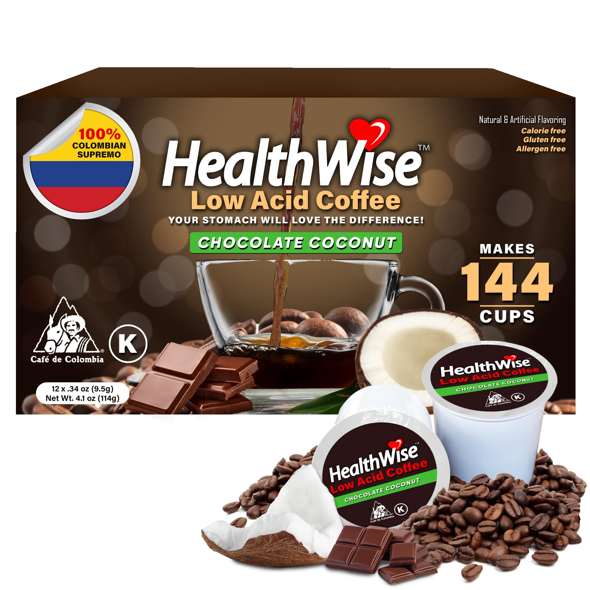 Healthwise Chocolate Coconut Low Acid Coffee K-Cups for Acid Reflux & Heartburn Relief - Gentle on Sensitive Stomachs, Reduces Digestive Discomfort - 144 Count (12 Pack) - Perfect for Morning Brews & Afternoon Pick-Me-Ups