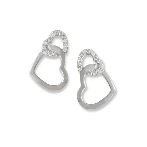 Rhodium Plated Cubic Zirconia Heart Drop Earrings - Elegant Polished Link Design for Women | Perfect for Valentine's Day, Anniversary Gifts & Special Occasions