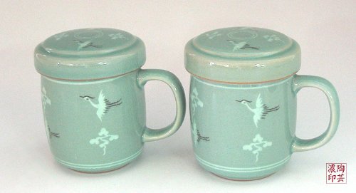 Premium Celadon Glaze Ceramic Tea Infuser Set with Crane & Cloud Design - Loose Leaf Tea Strainer, Mug & Lid - Perfect for Home, Office & Gifting - Green Porcelain Tea Brewing Cup for Tea Lovers