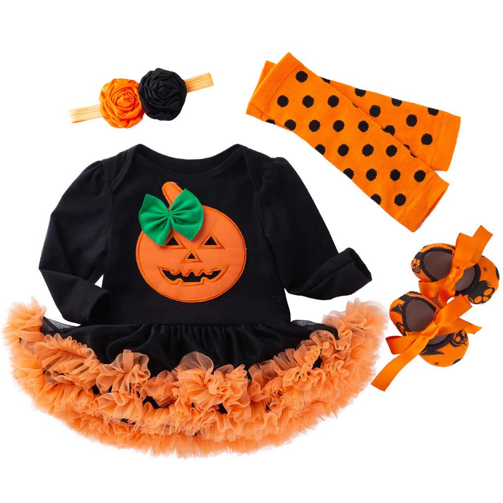 Halloween Pumpkin Romper Dress Set for Baby Girls - Cute Toddler Costume with Hairband, Shoes & Stockings | Perfect for Trick-or-Treating, Photo Shoots & Holiday Parties