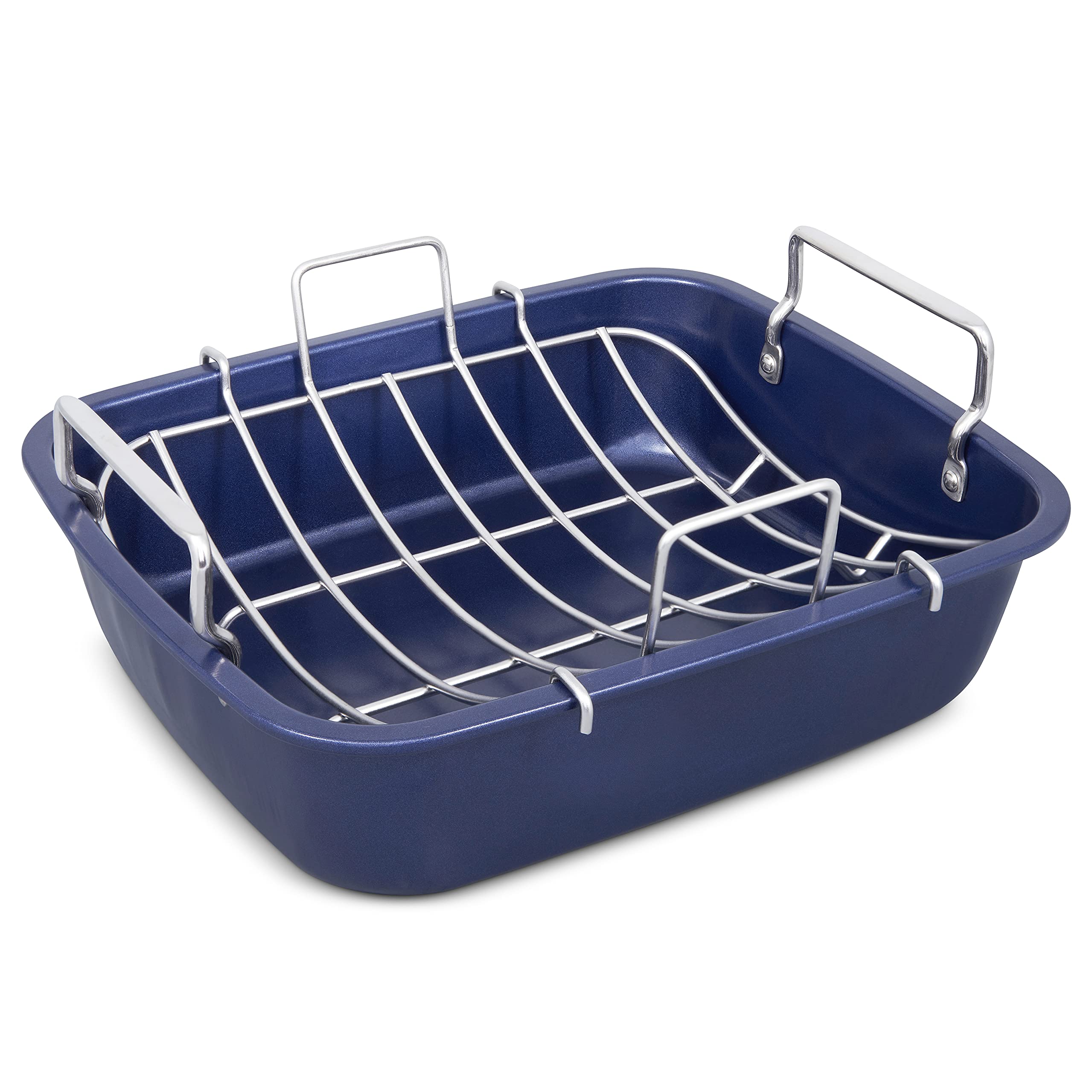 Zyliss Non-Stick Roasting Pan with Rack - Carbon Steel Oven Bakeware Tray, Dishwasher Safe Dark Blue Roast Tin - Perfect for Thanksgiving Turkey, Christmas Ham & Family Roast Dinners