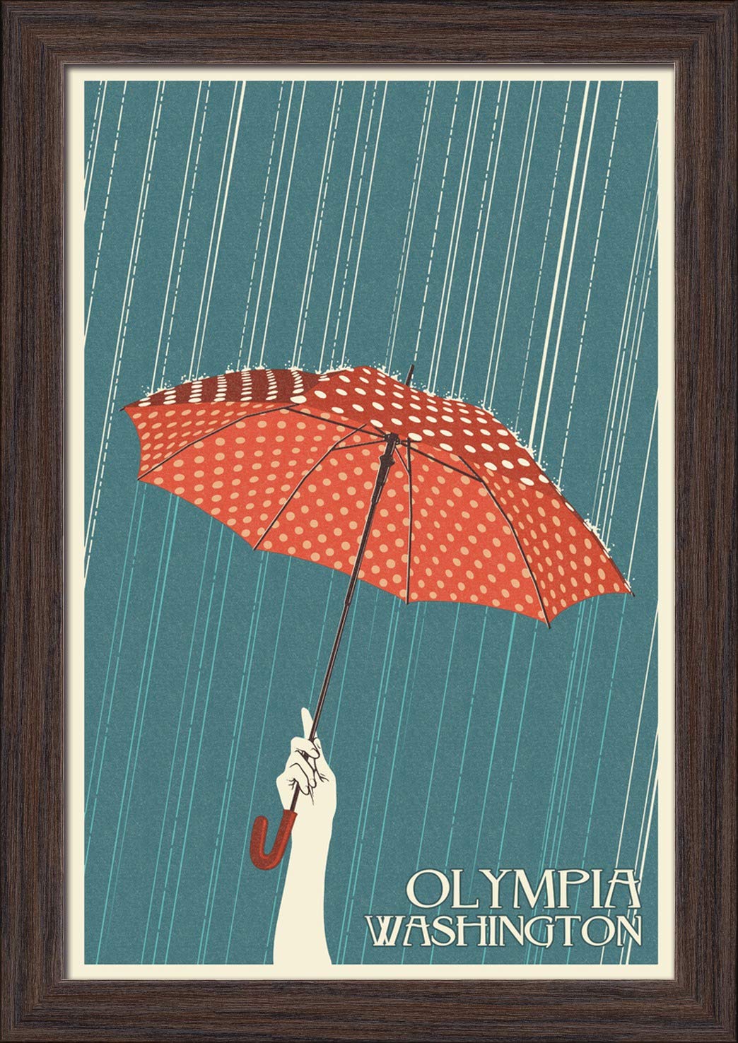 Olympia Washington Umbrella Letterpress Art Print - 12x18 Giclee Fine Art, Recycled Wood Frame in Espresso Brown - Perfect for Home Office Decor & Pacific Northwest Inspired Gifts