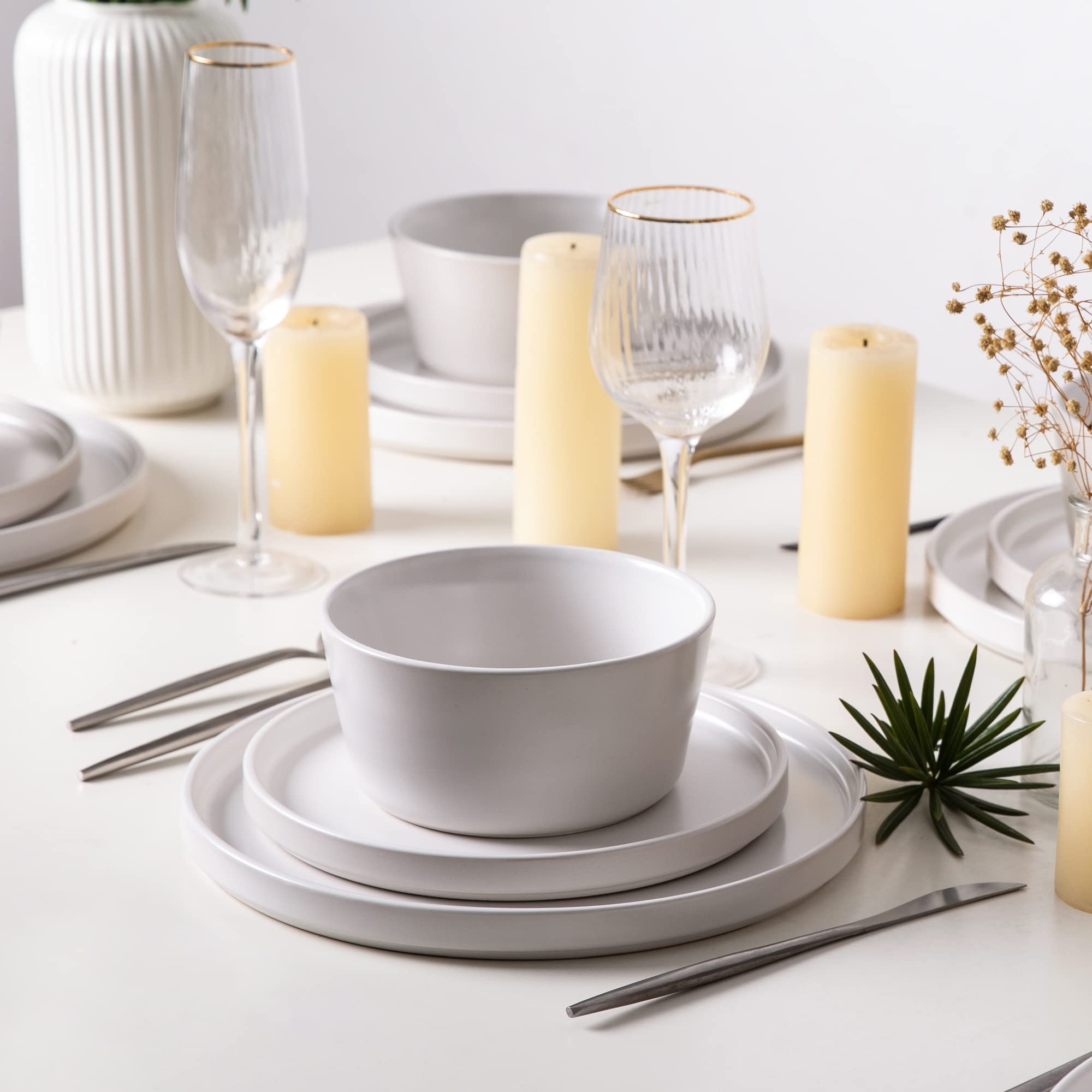 AmorArc 6-Piece Matte White Ceramic Plates Set - 8 Inch for Kitchen, Dining & Entertaining