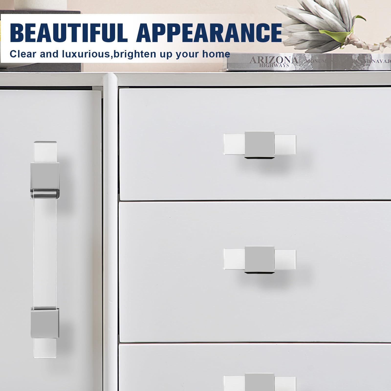 Modern Acrylic Cabinet Handles 25 Pack - 4 Inch Hole Centers, Clear Square Tube Drawer Pulls with Polished Chrome Base - Durable Kitchen Cabinet Hardware for Home, Office & Bathroom Renovation