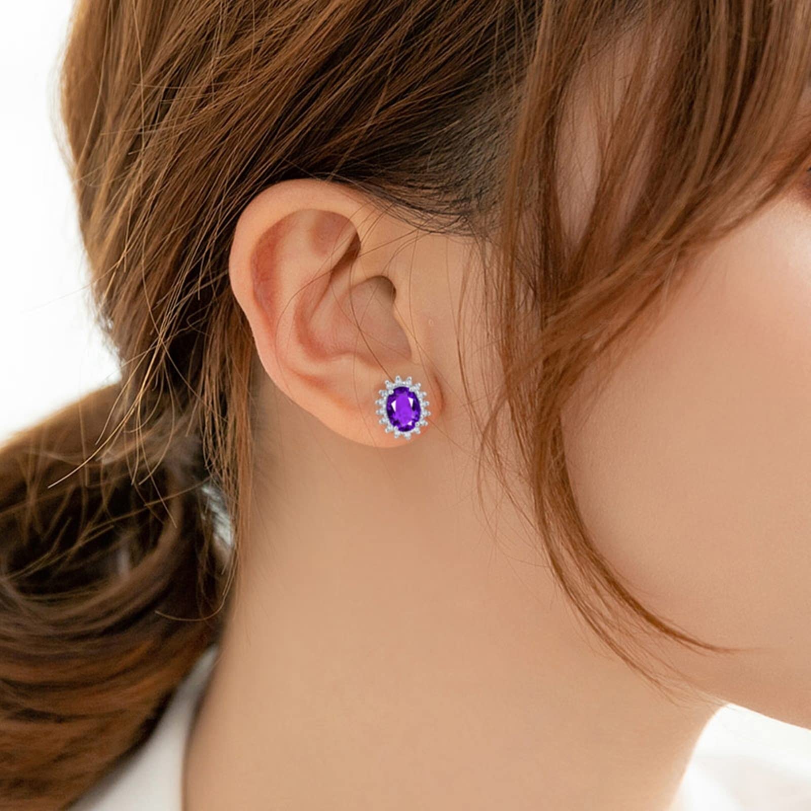 18ct White Gold Amethyst Stud Earrings for Women - 2.13ct Oval Purple Gemstone with Diamond Accents | Elegant Jewelry Gift for Birthday, Anniversary & Special Occasions