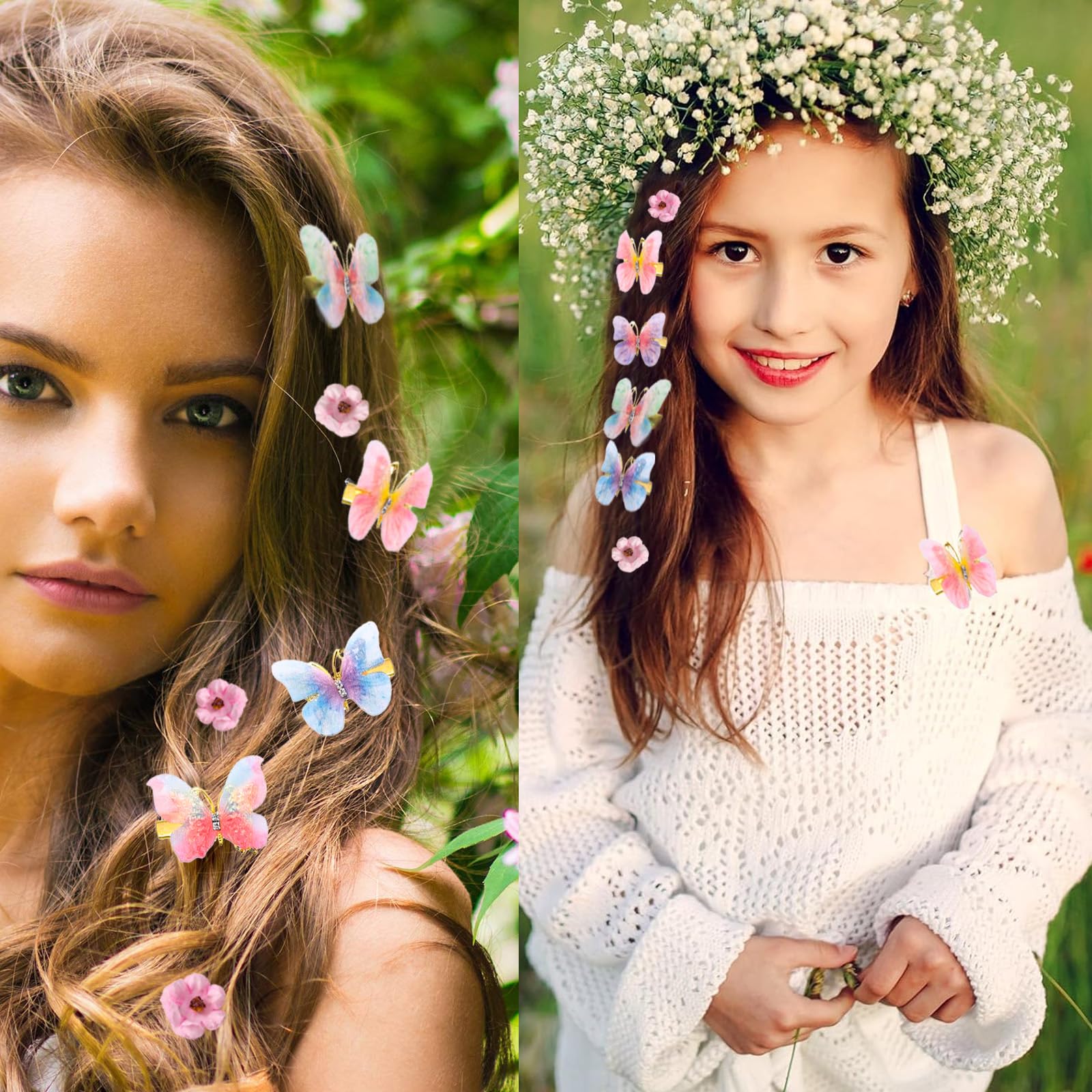 24Pcs Glitter Butterfly & Flower Hair Clips for Girls - Realistic Handmade 90s Hair Accessories (Pink) | Perfect for School, Parties, and Everyday Styling