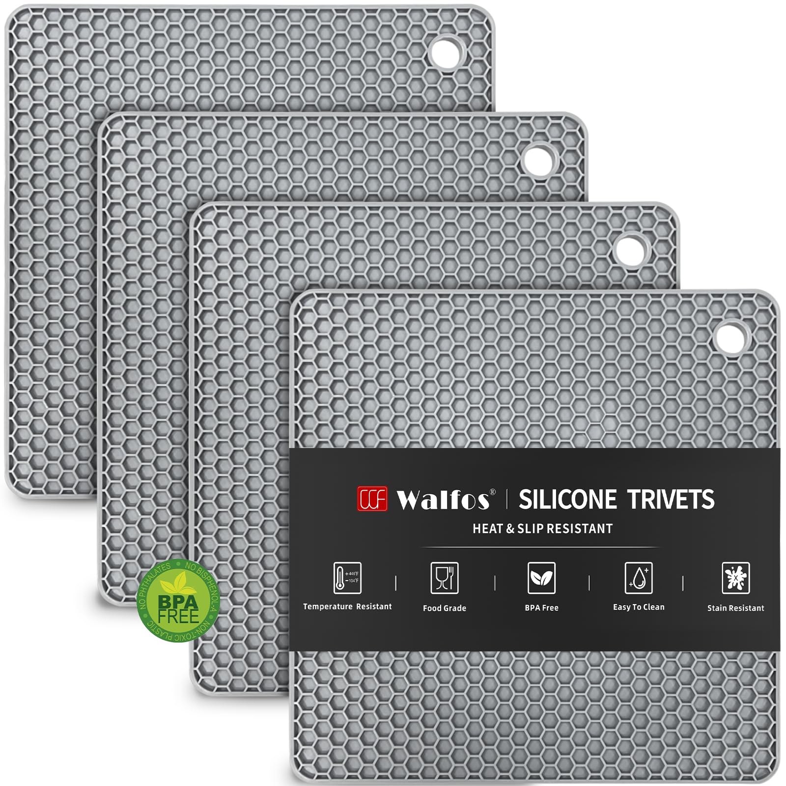 Walfos Silicone Trivet Mats - 4 Pack Heat Resistant Kitchen Pot Holders, Non-Slip Hot Pads for Cooking, Serving & Countertop Protection | BPA-Free Food Grade Silicone | Ideal for Hot Dishes, Jar Opening & Utensil Storage (Square)