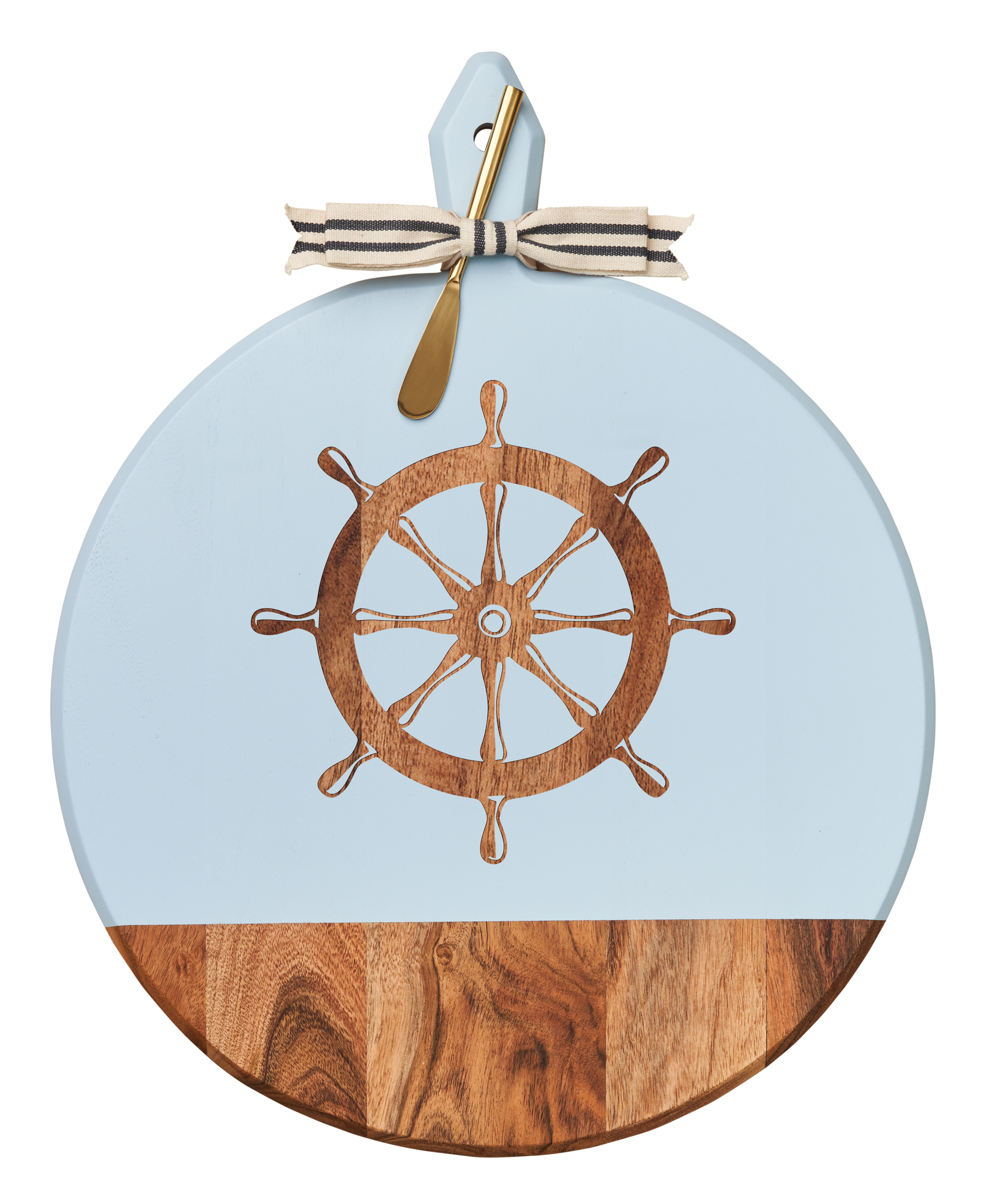 Acacia Wood Heirloom Cheese Board with Handle - Round Charcuterie Tray with Gold Spreader & Gray White Ribbon - 20 x 16 Inch - Perfect for Wine Parties, Wedding Gifts & Cheese Platter Presentation